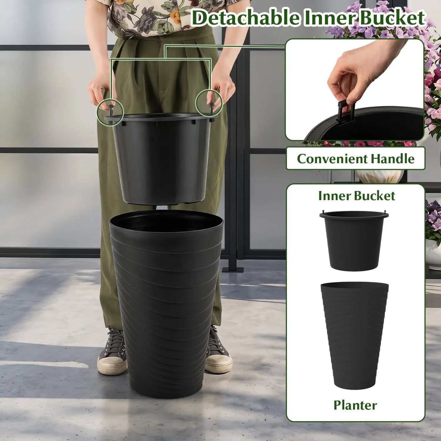 18-Inch Tall Planter Pot Set of 2 with Drainage and Handles by DirectDeals
