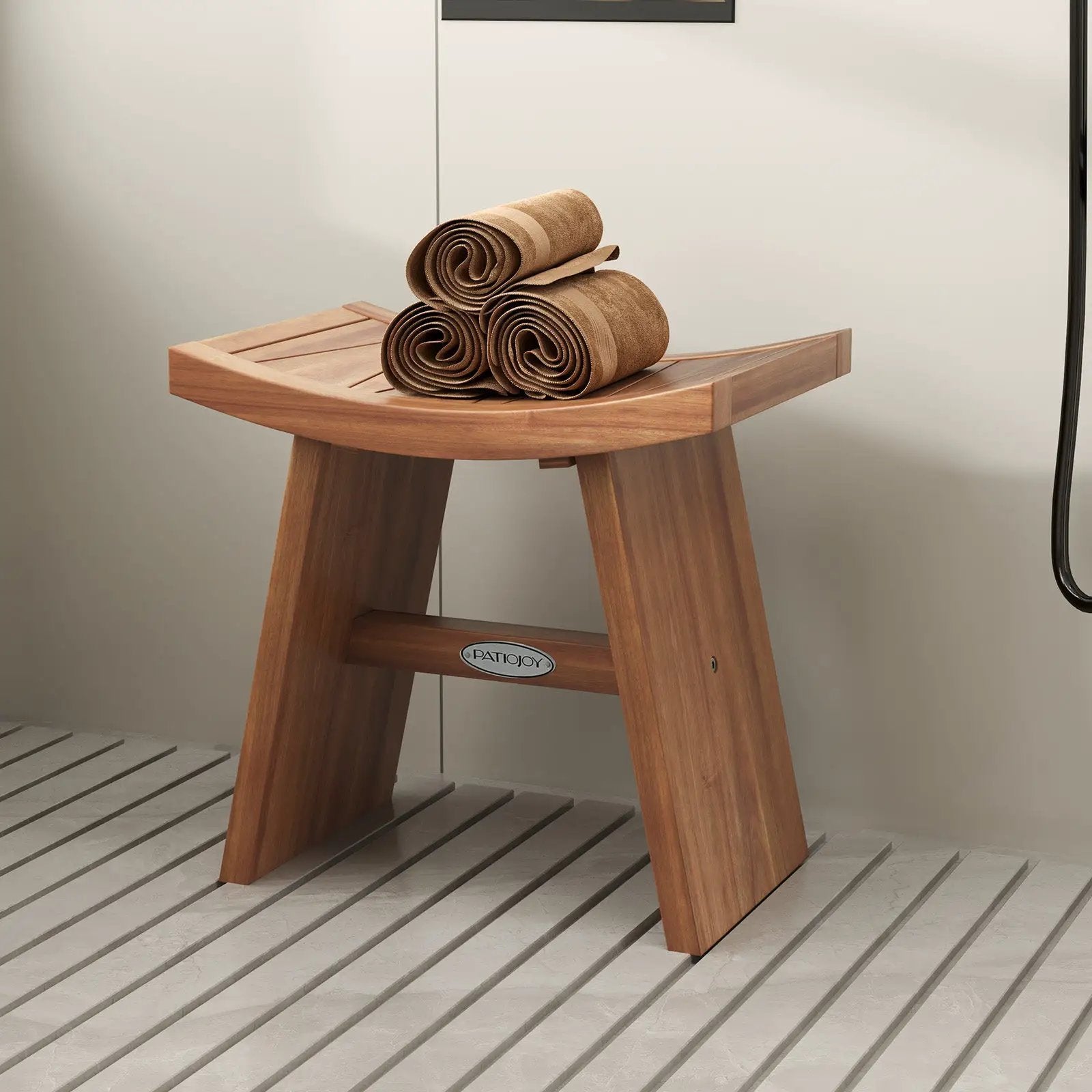 18 Inch Teak Wood Shower Bench with Curved Seat for Bathroom by DirectDeals