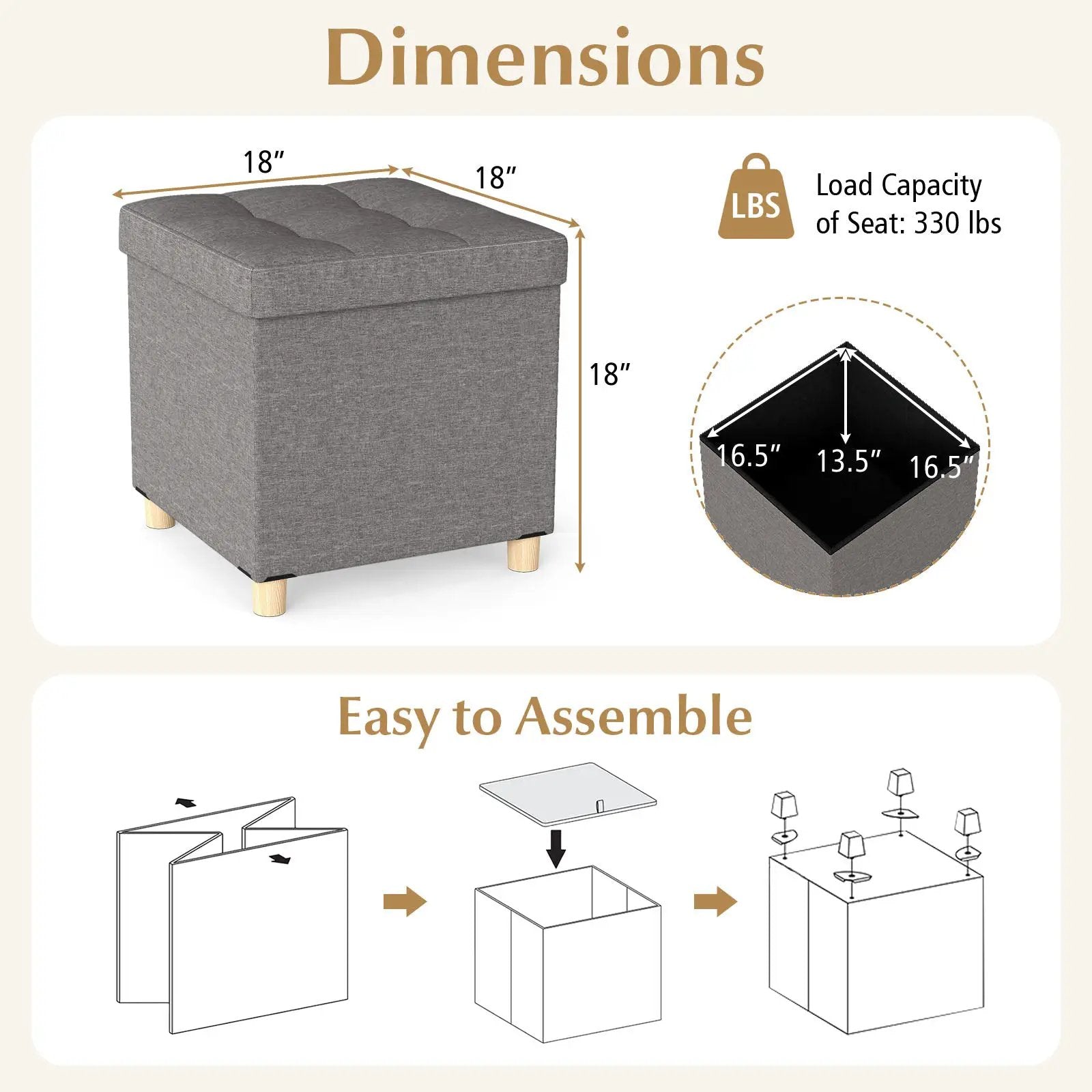 18 Inches Ottoman with Storage and Rubber Wood Legs-Gray by DirectDeals