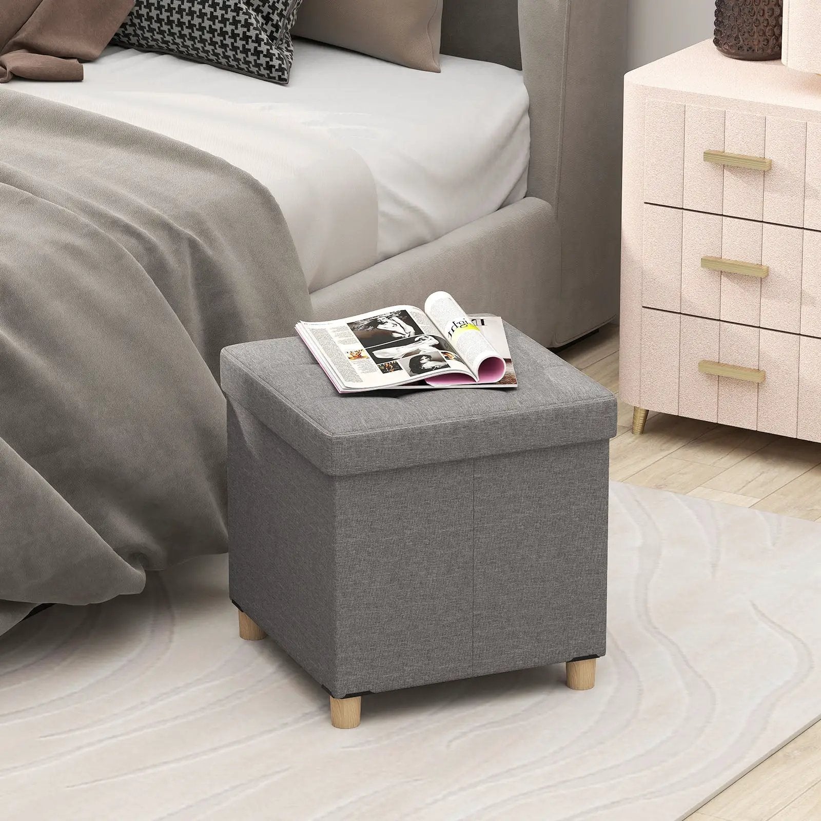 18 Inches Ottoman with Storage and Rubber Wood Legs-Gray by DirectDeals