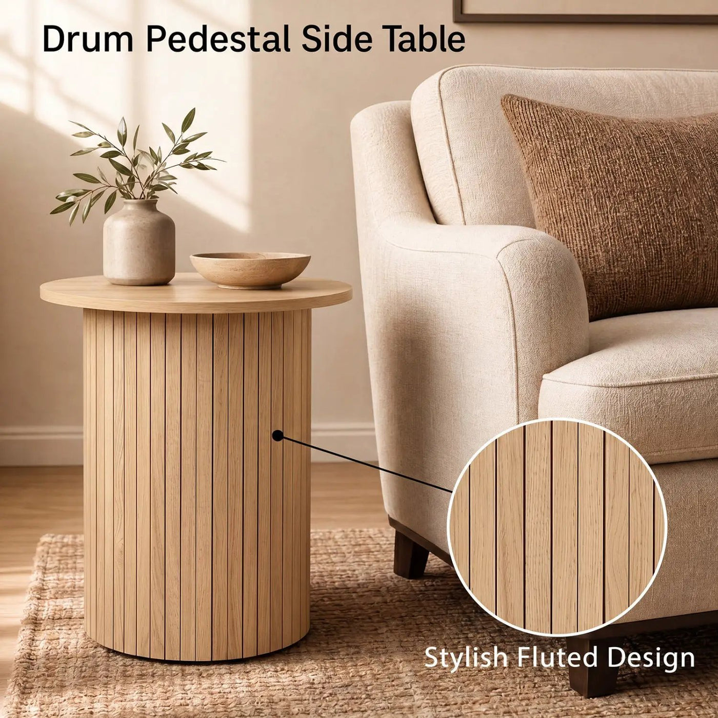 18" Round Fluted Side Table with Pedestal Drum Base by DirectDeals