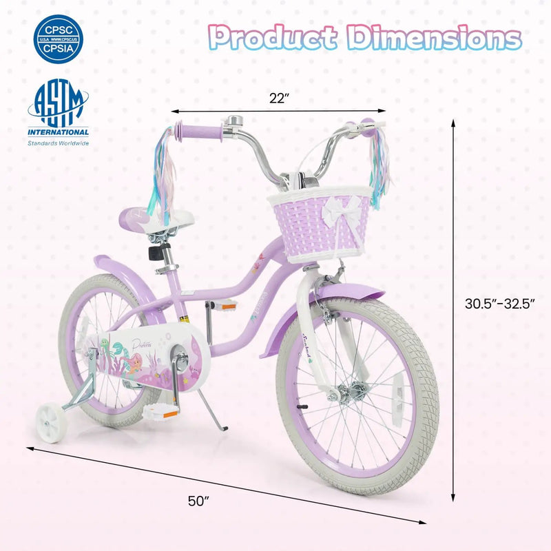18-Inch Kids Bike Adjustable with Basket and Streamers Purple - Princess of the Sea Theme by DirectDeals