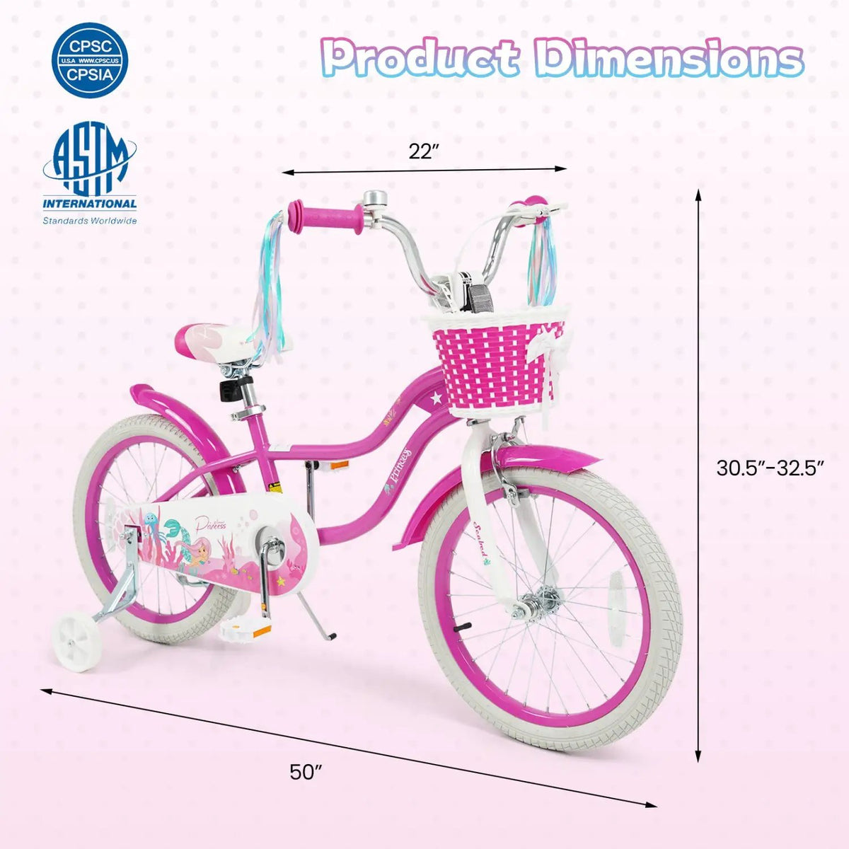 Kids Bike 18-Inch with Training Wheels and Basket Rose Red by DirectDeals