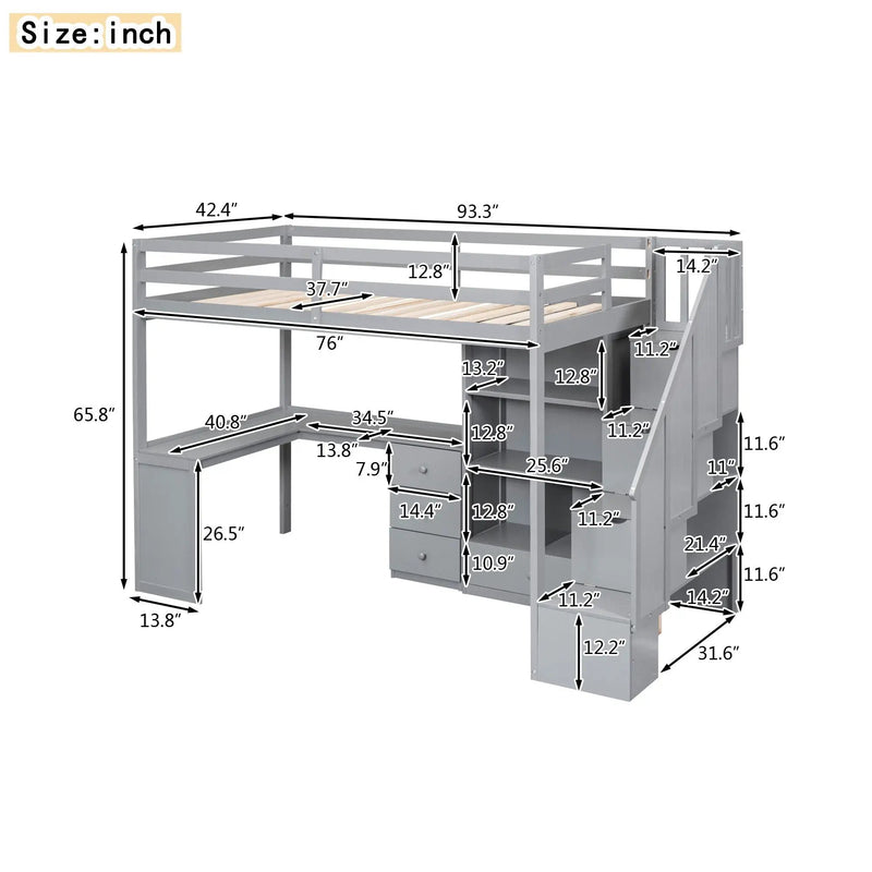 Loft Bed With L Shaped Desk, Drawers, Cabinet, And Storage Staircase by Unique Piece Furniture