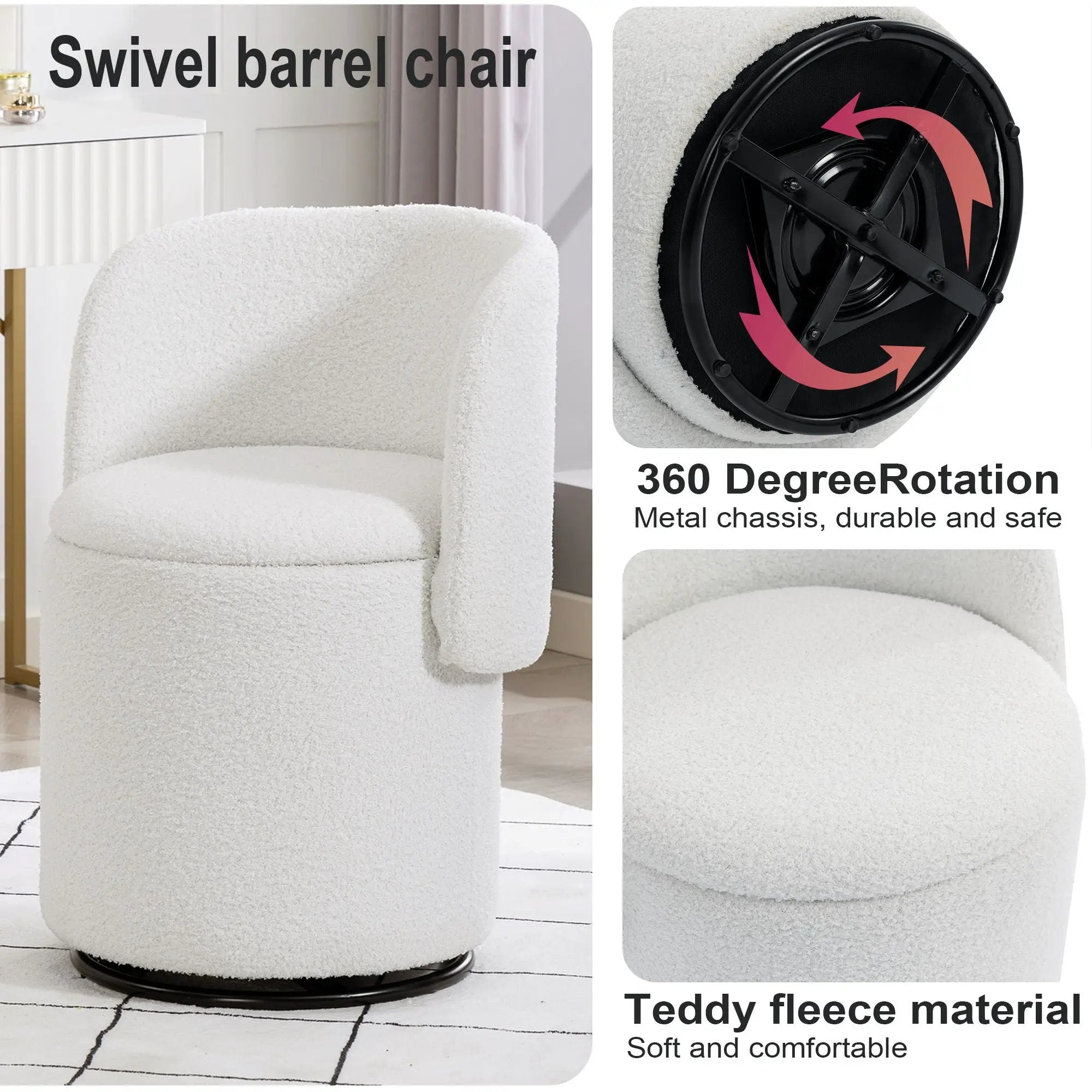 Barrel Chair & Built In Storage, 360° Swivel - Beige by HouseOfZazla