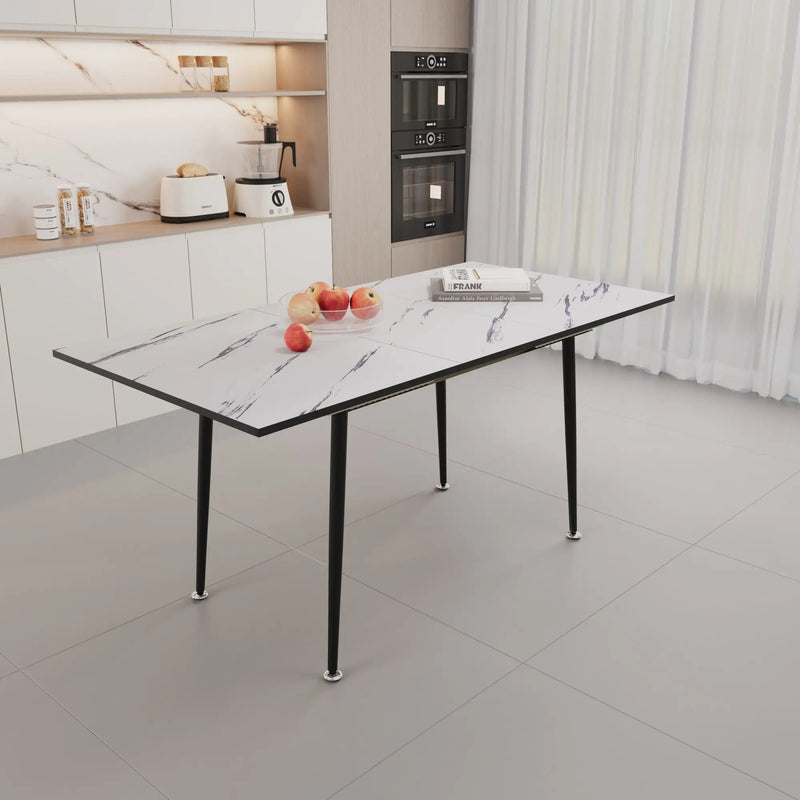 Modern Industrial Expandable Dining Table 47" To With Marble Pattern Top And Metal Legs - White by Unique Piece Furniture