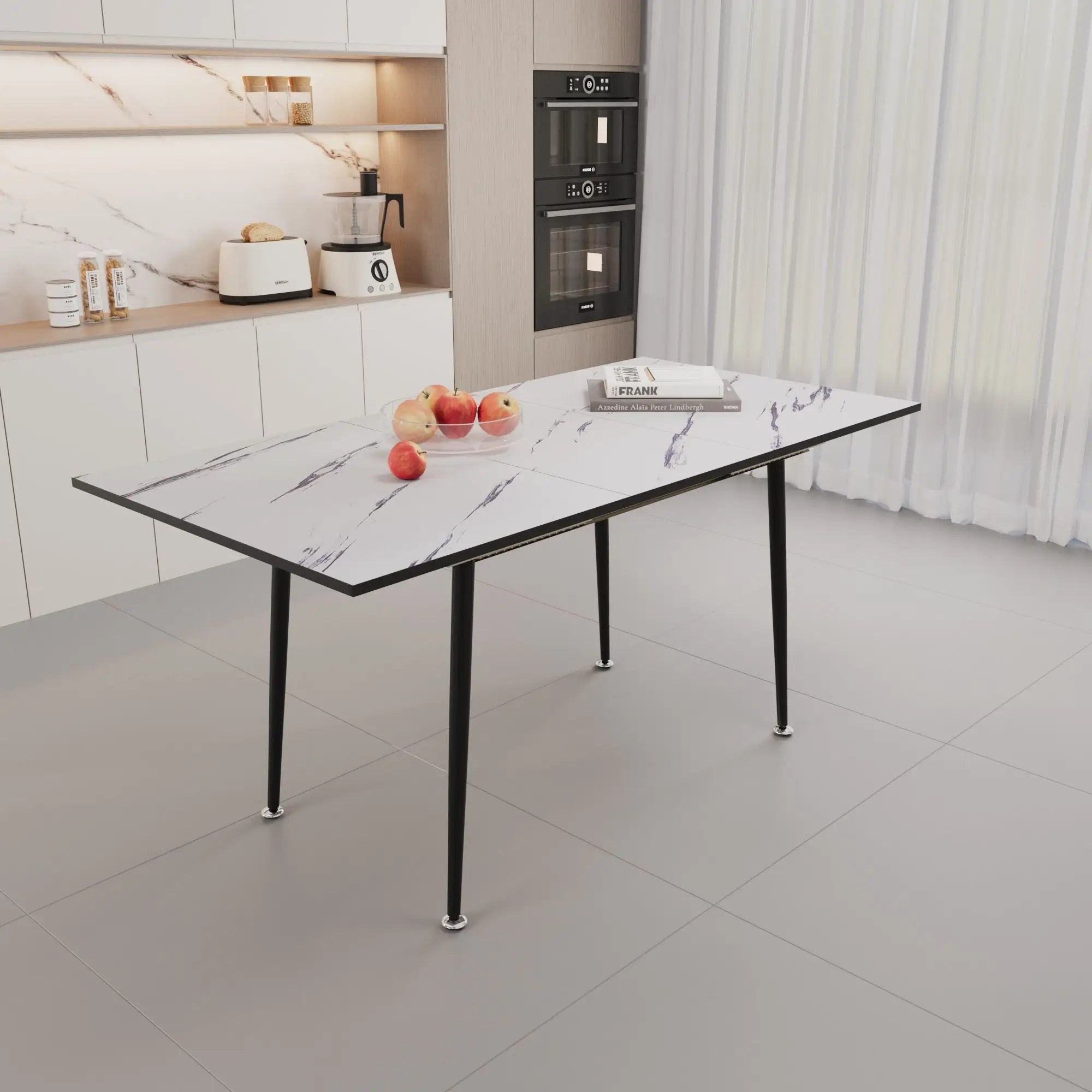 Modern Industrial Expandable Dining Table 47" To With Marble Pattern Top And Metal Legs - White by HouseOfZazla