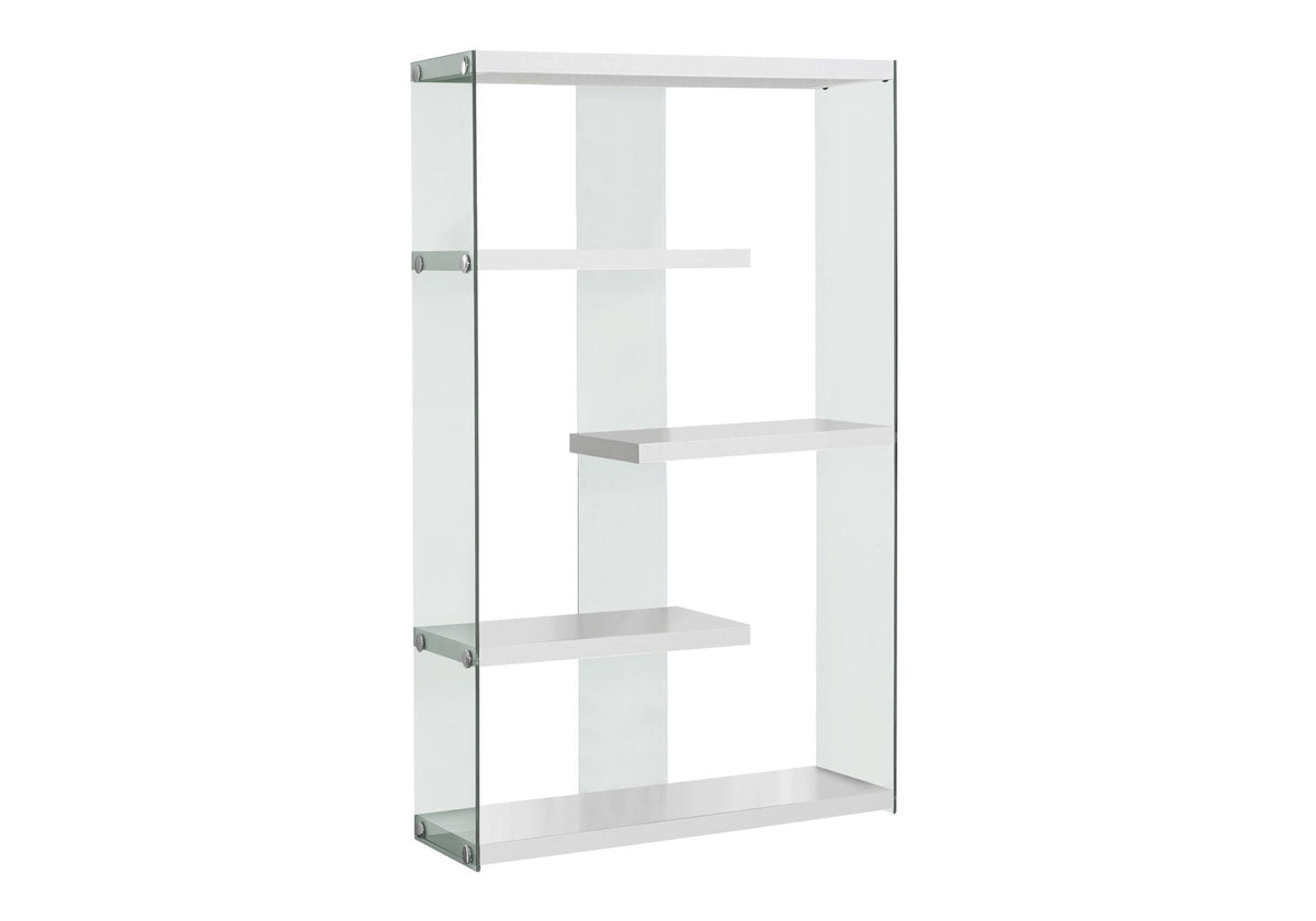 Glossy White 5-Tier Bookshelf with Glass Sides - White