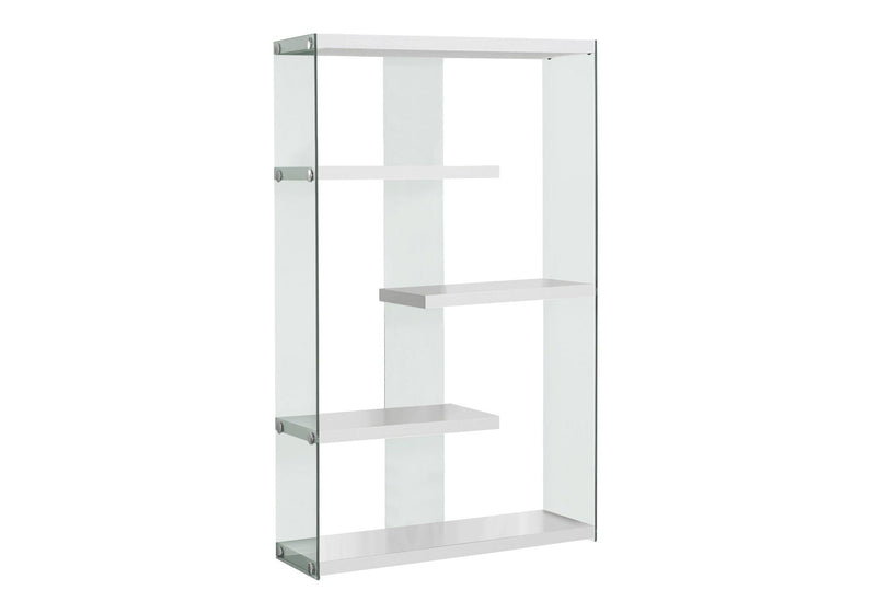 Glossy White 5-Tier Bookshelf with Glass Sides - White