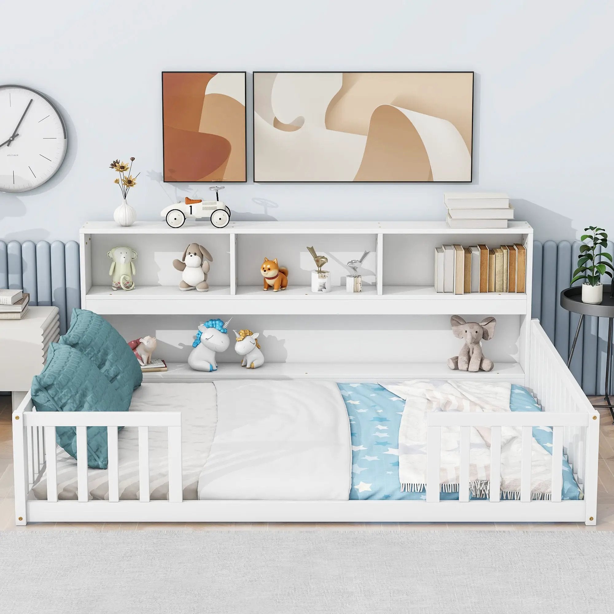 Full Floor Bed with Side Bookcase, Shelves, Guardrails by HouseOfZazla