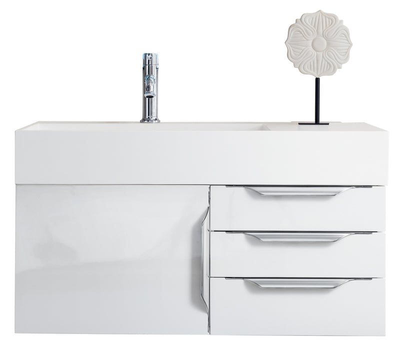 James Martin Columbia 36" Floating Single Bathroom Vanity, Glossy White with Glossy White (Brushed Nickel) countertop