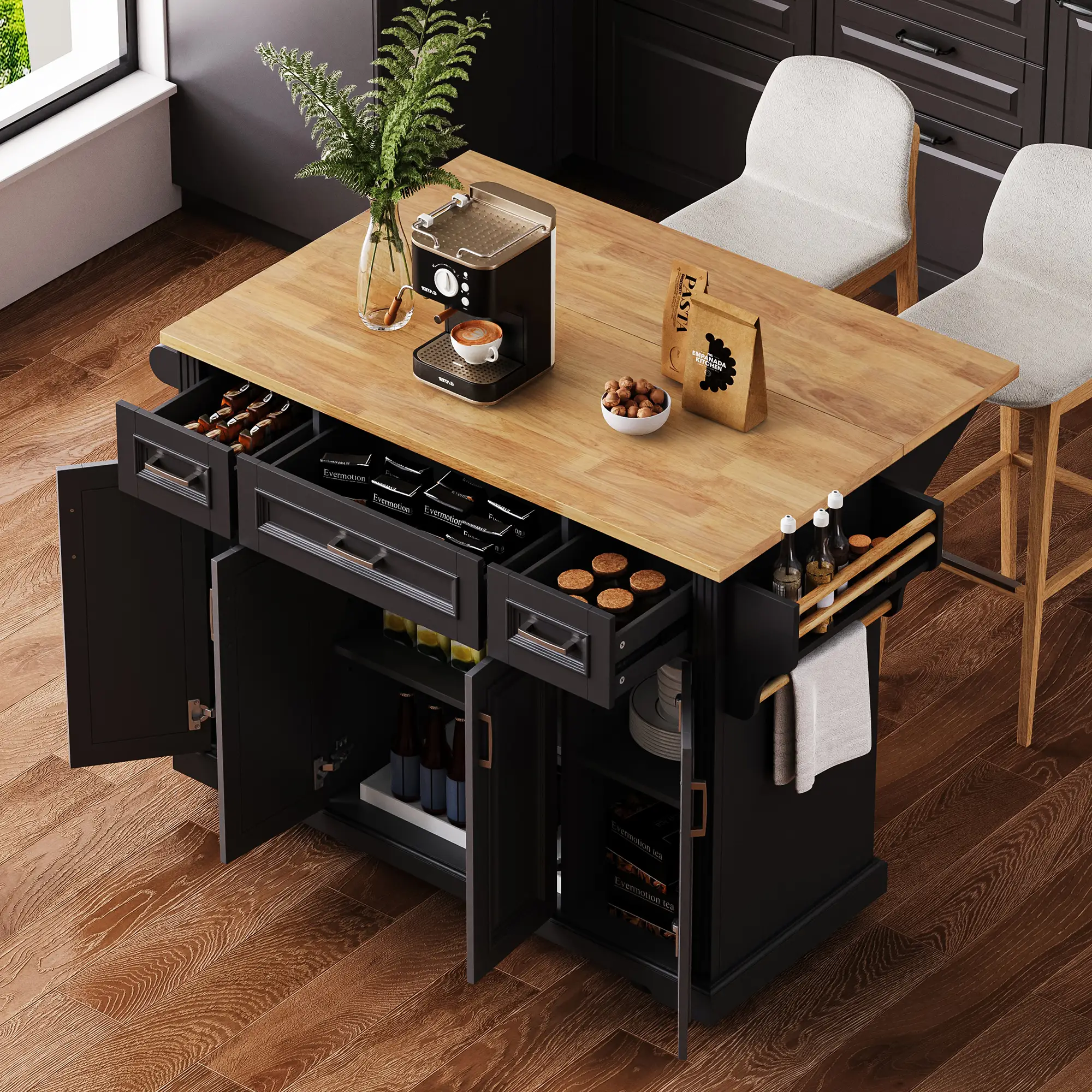 K&K 54 Inch Large Kitchen Island with Rubber Wood Drop Leaf by HouseOfZazla