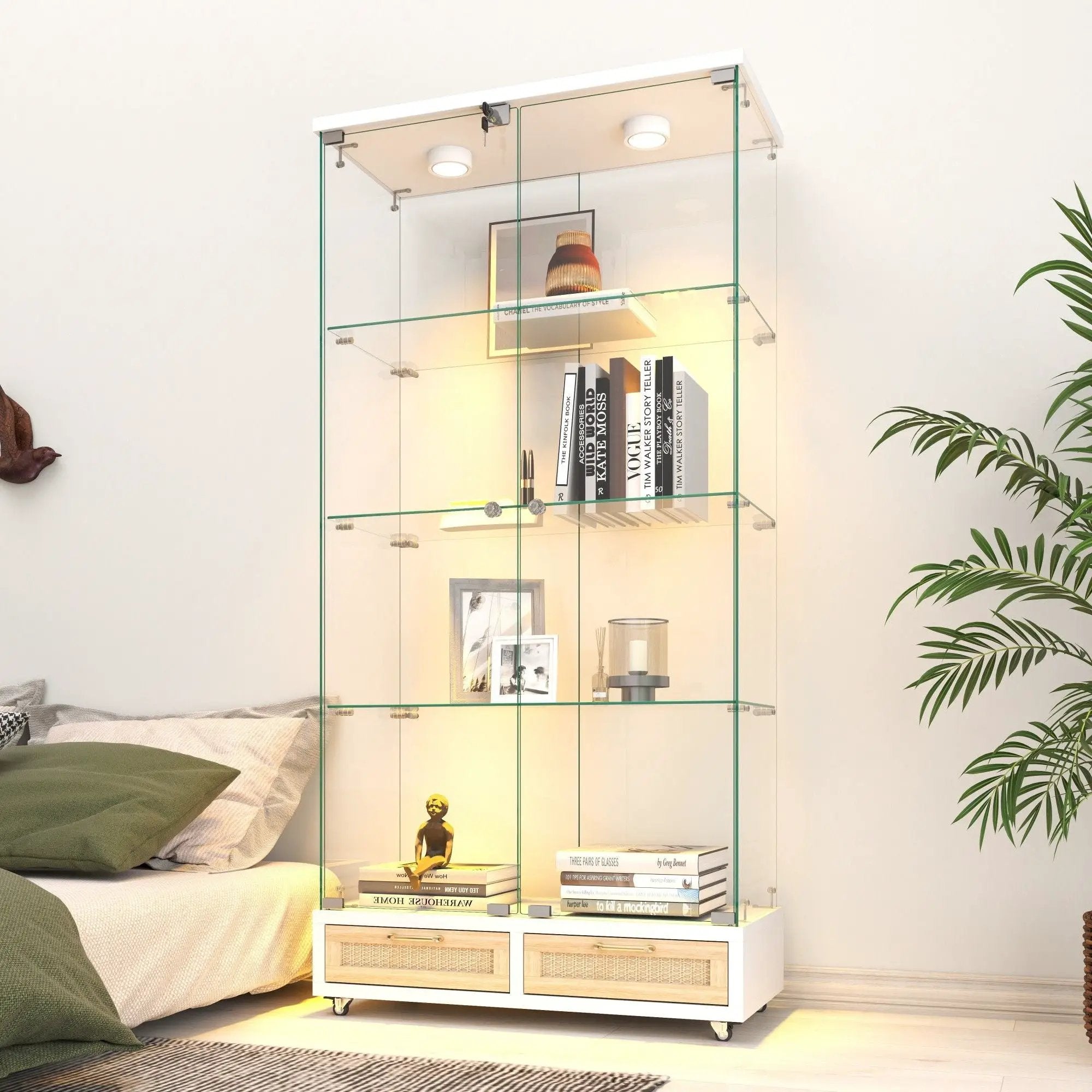 Glass Display Cabinet With LED Lights, Tempered Glass Doors, Large Drawers, 2 Door Storage Case With 4 Shelves - Natural / White by Unique Piece Furniture