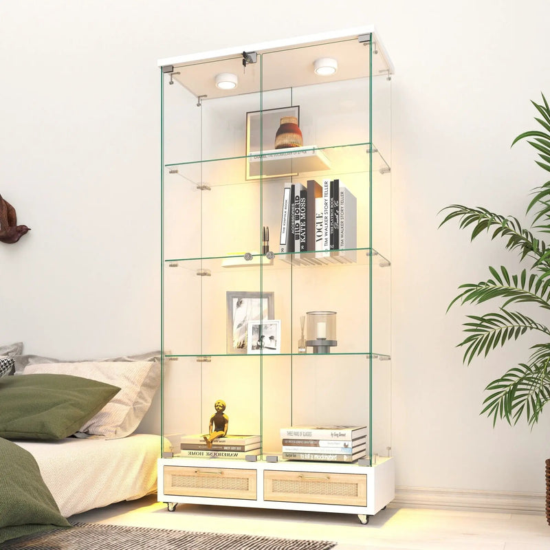 Glass Display Cabinet With LED Lights, Tempered Glass Doors, Large Drawers, 2 Door Storage Case With 4 Shelves - Natural / White by Unique Piece Furniture