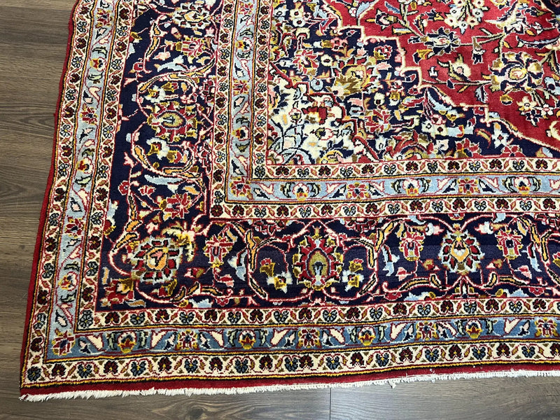 Persian Kashan Rug 9x12, Red Navy Blue, Allover Floral Medallion & Corner Design, Handmade Wool Oriental Carpet, Semi Antique Traditional Carpet by Jewel Rugs