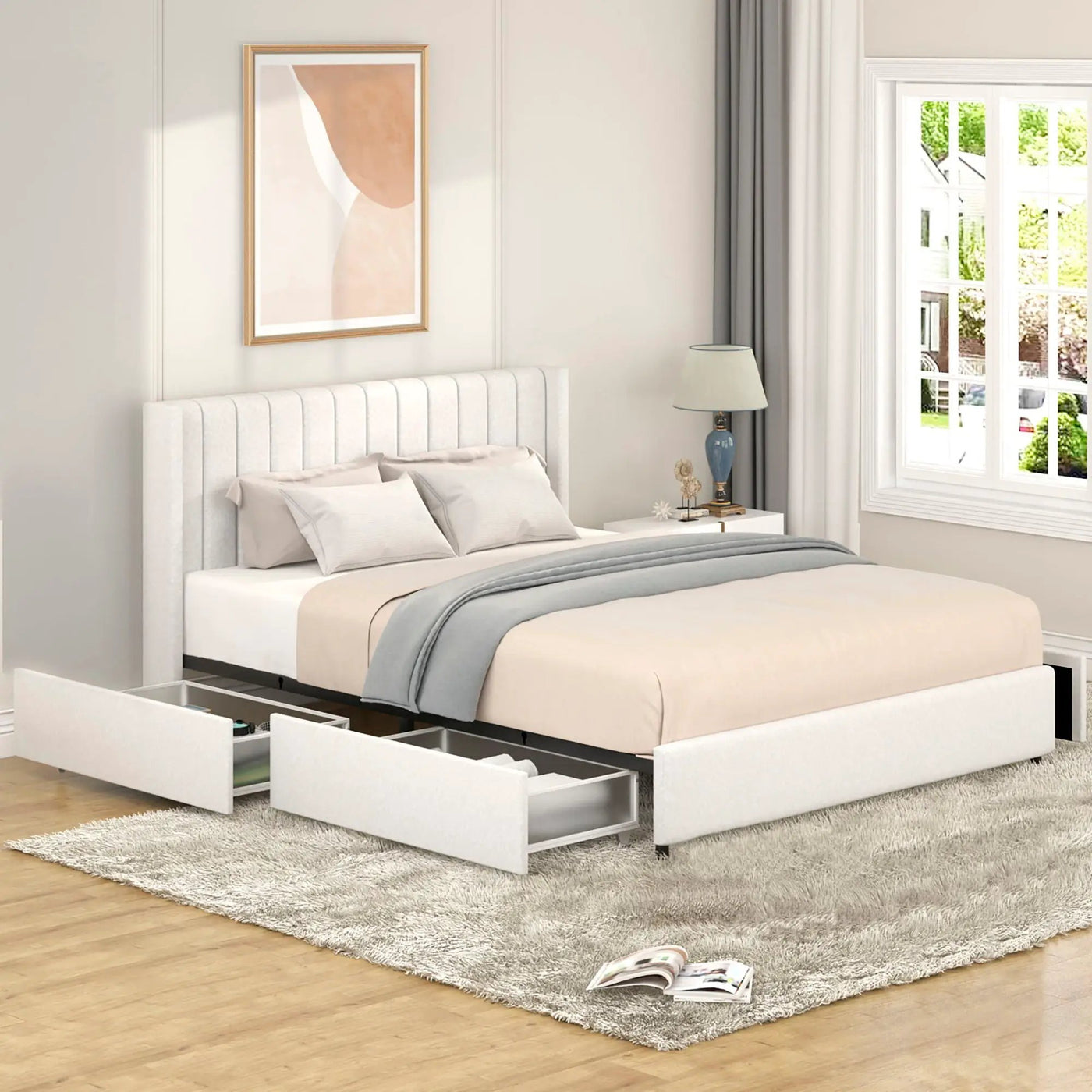 Anda - Boucle Upholstered Platform Bed With Patented Drawers Storage - Ivory by HouseOfZazla