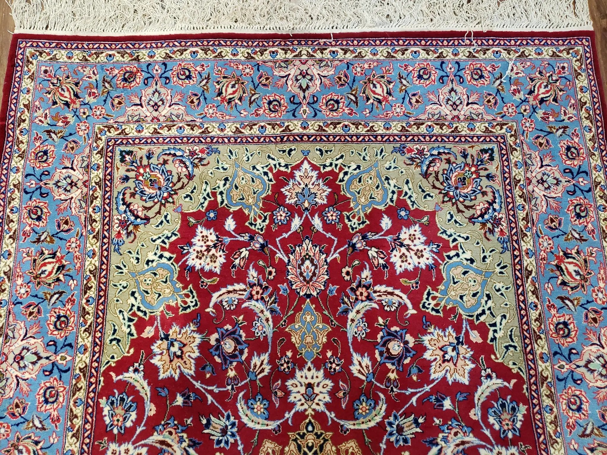 Semi Antique Persian Isfahan Rug, Kork Wool on Silk Foundation, Red & Blue, Top Quality, 3'6" x 5' 6" by Jewel Rugs