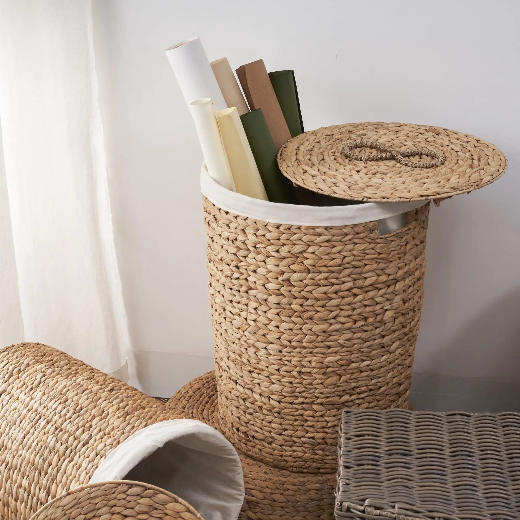 Ludmilla Round Tall Water Hyacinth Woven Wicker Laundry Hamper With Lid - For Clothes, Toys And Book Storage With Removable Liner - 18" X 18" X 23" - Natural Brown by Unique Piece Furniture