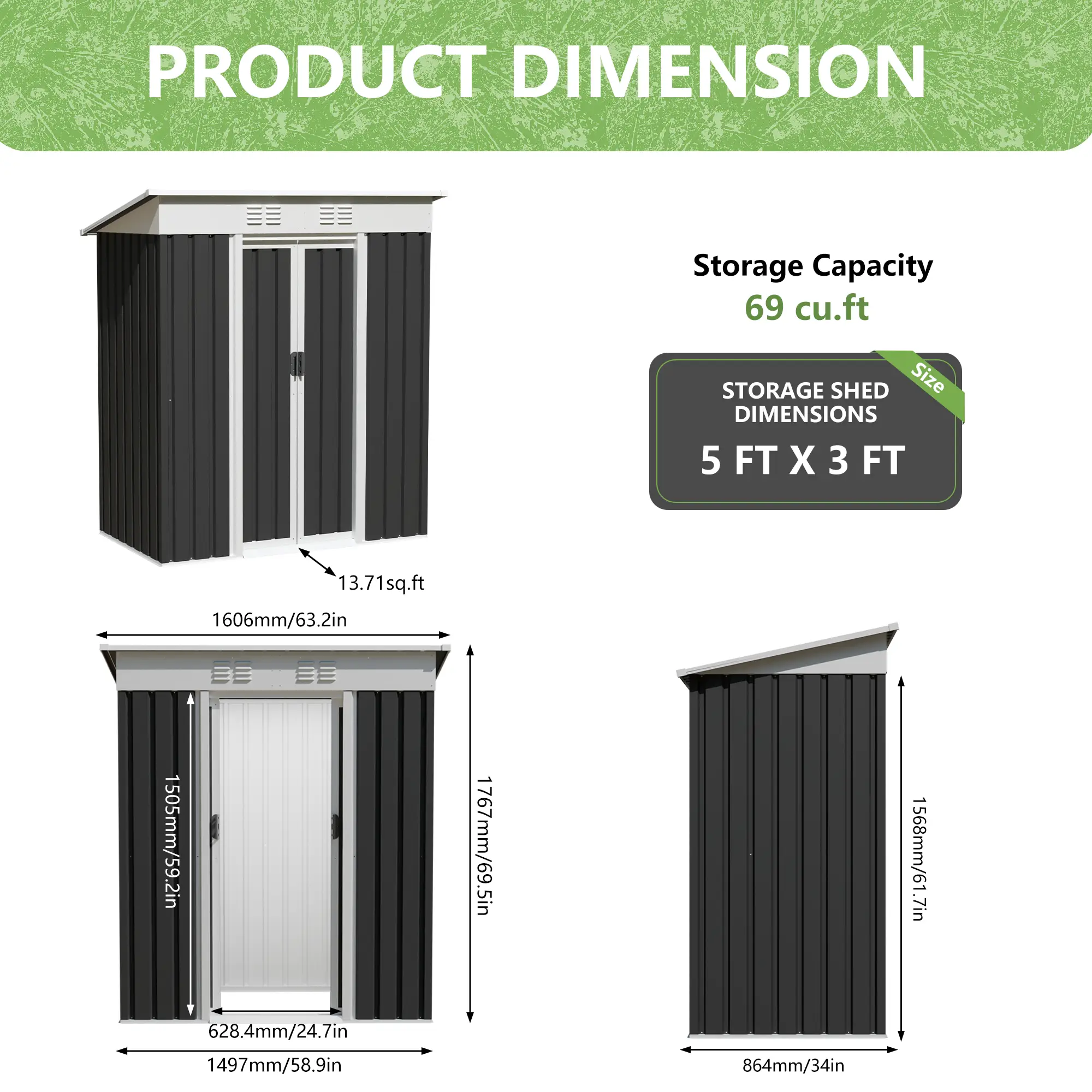 5x3 FT Metal Garden Shed with Sliding Door by HouseOfZazla