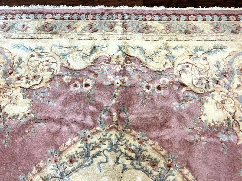 Indo Chinese Aubusson Wool Rug 10x14, Pink and Cream, Handmade Vintage Wool Carpet, Elegant European Design by Jewel Rugs