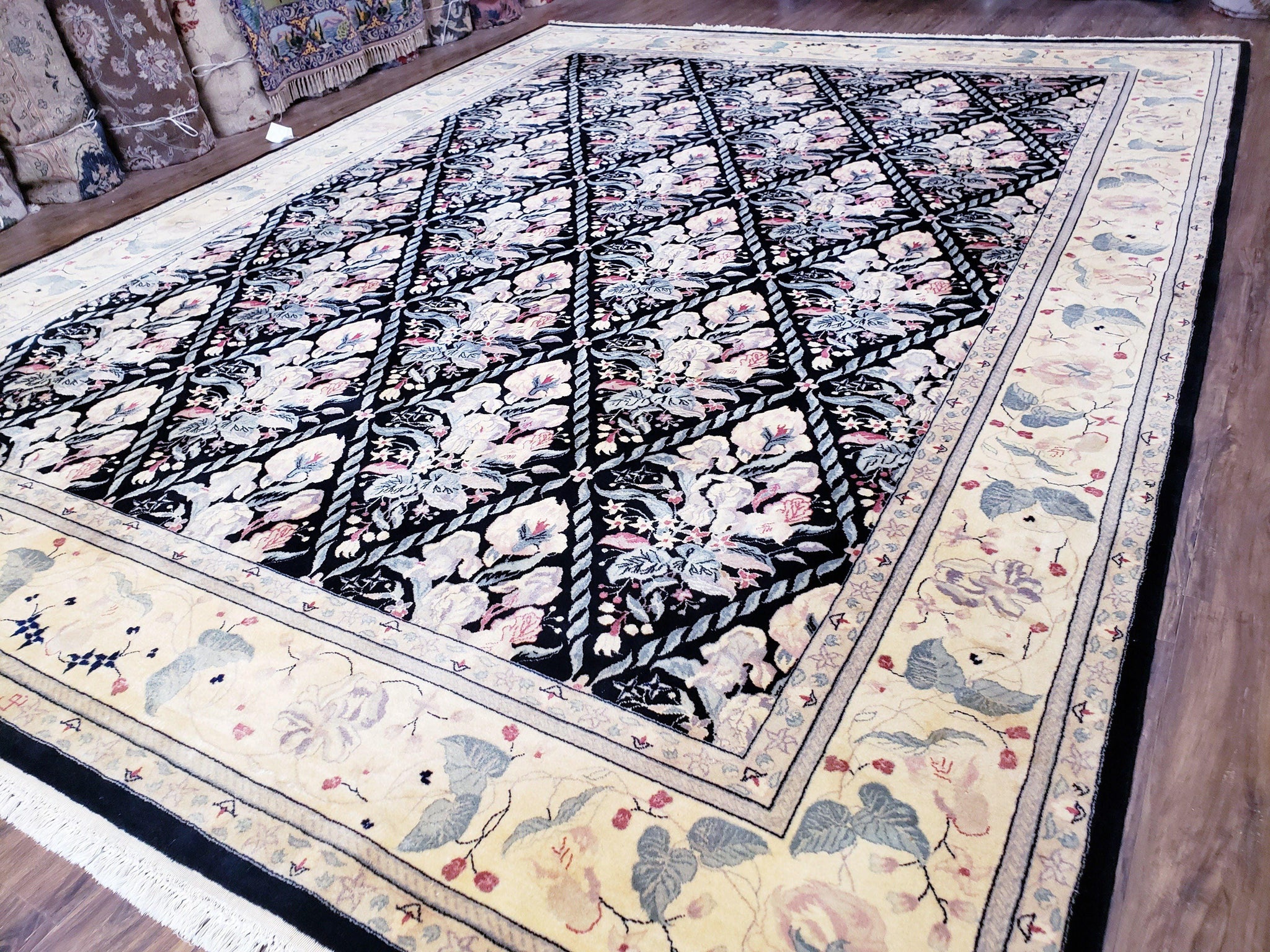 Sino-Persian Kirman Rug 9x12 Floral Handmade Wool Carpet Black & Ivory Vintage by Jewel Rugs