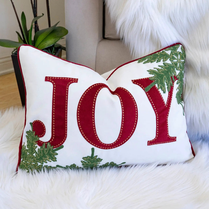 JOY Embroidered Christmas Throw Pillow – 14x20 Velvet Lumbar Cushion by HouseOfZazla