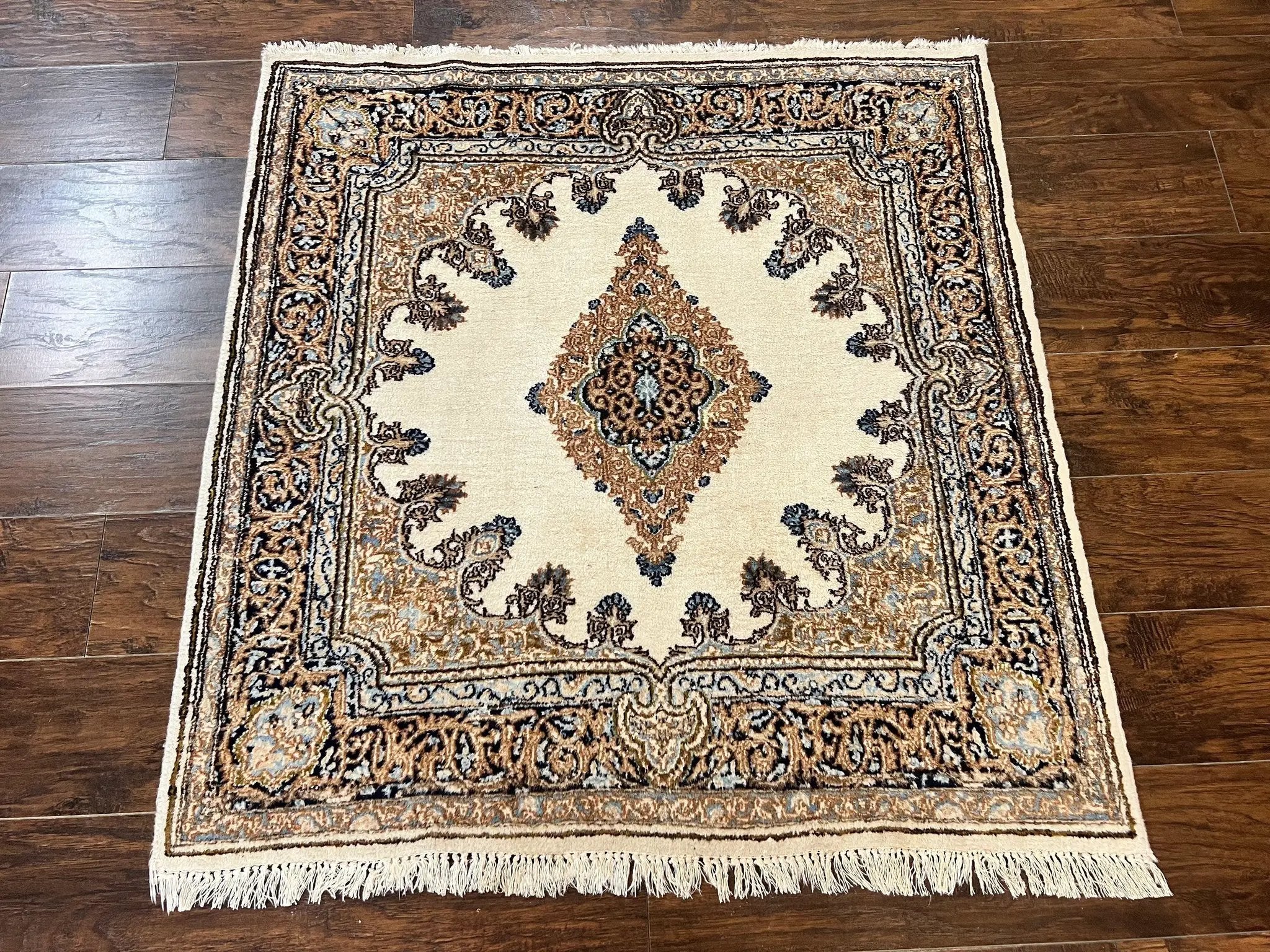 Square Persian Kirman Rug 4x4, Semi Open Field, Handmade by Jewel Rugs