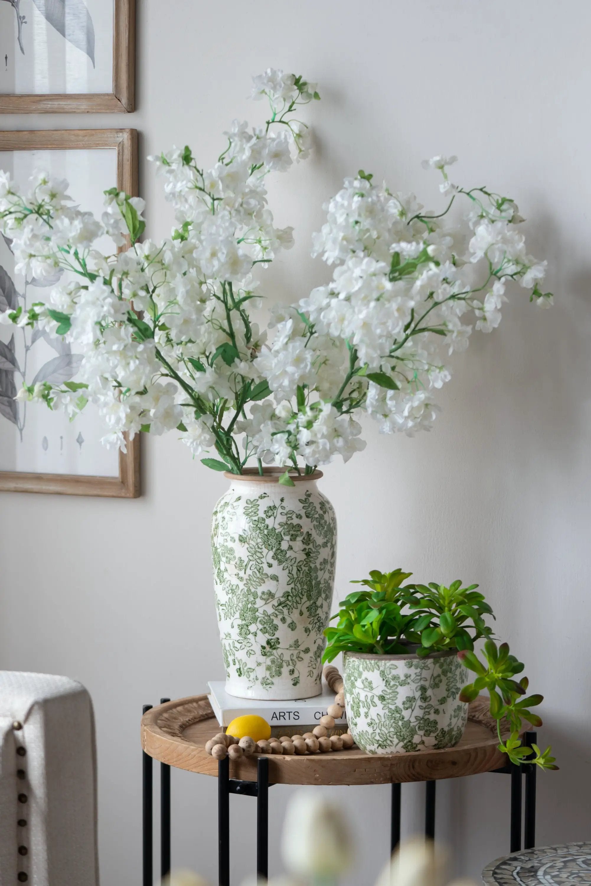 6.5x6.5x11.6 White Ceramic Flower Vase with Green Floral Pattern by HouseOfZazla