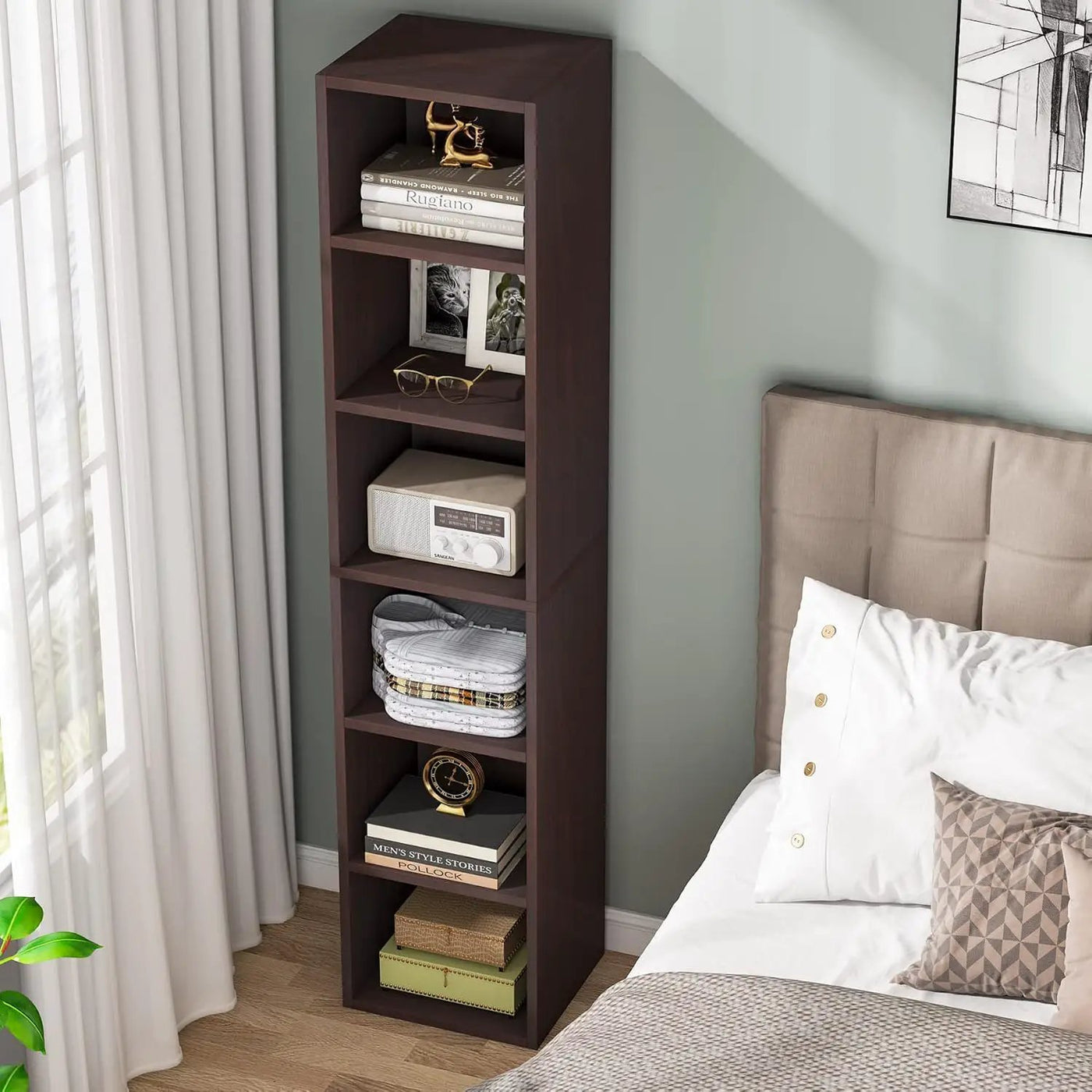 6 Tier Narrow Corner Cube Bookcase Storage, Freestanding Shelf With Open Cubes For Living Room by HouseOfZazla