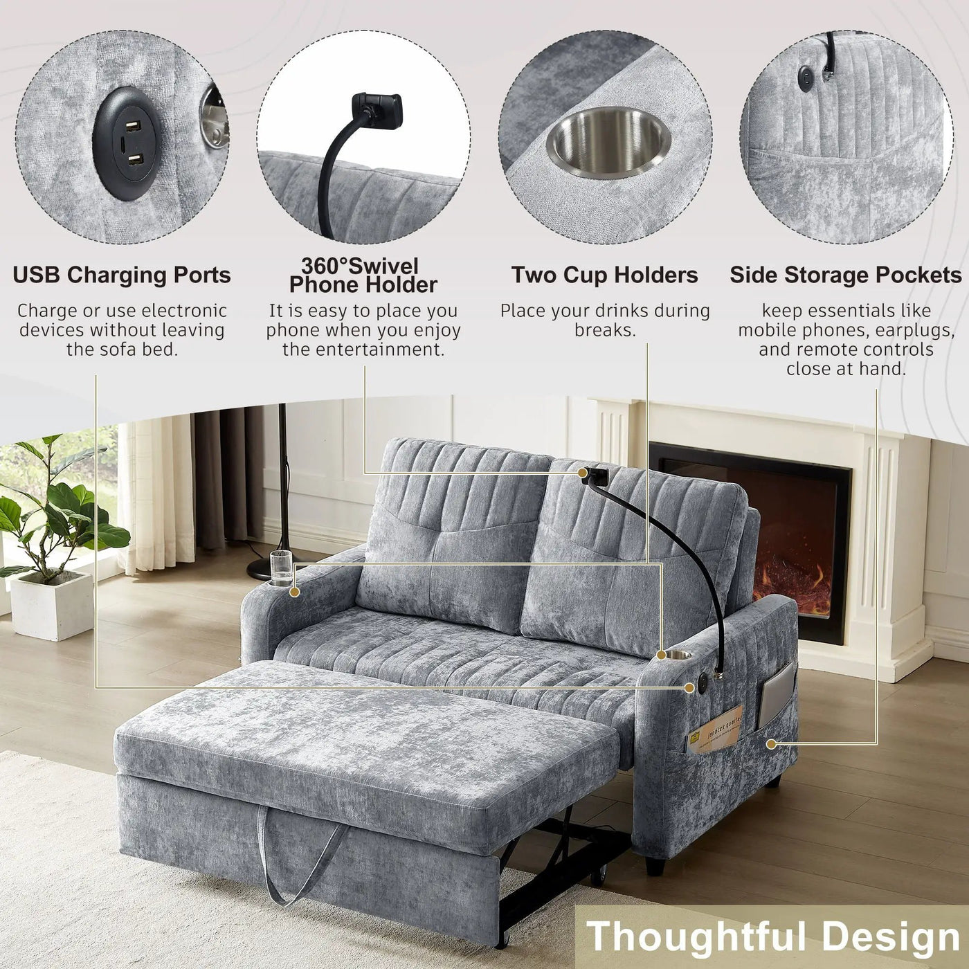 Modern Loveseat Pull Out Sofa Bed With Adjustable Backrest, Two Cup Holders, A Phone Holder, Three Charging Ports And Side Storage Pockets For Living Room by Unique Piece Furniture