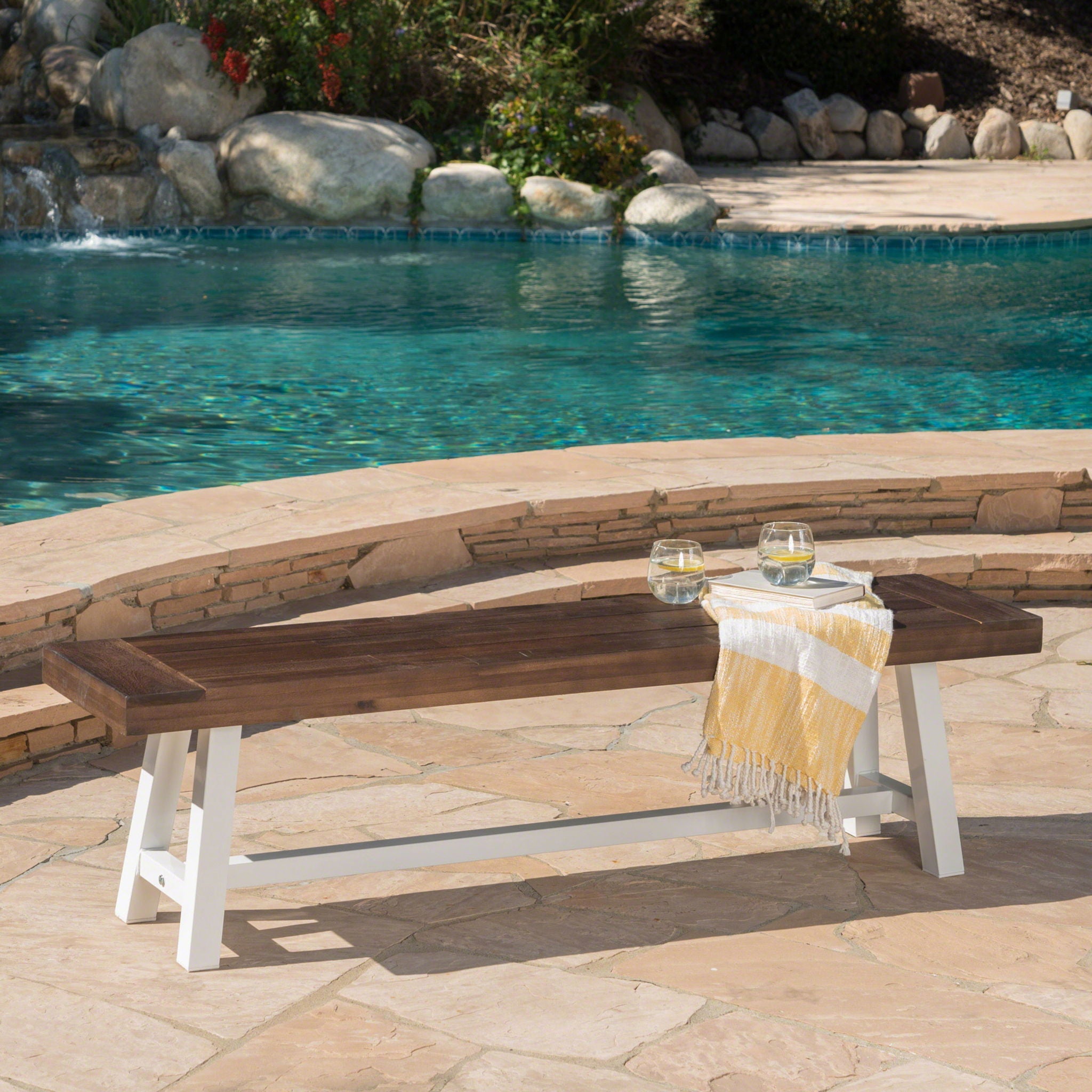 Tranquilizer Outdoor Acacia Wood Bench With Slat Panel Design by HouseOfZazla