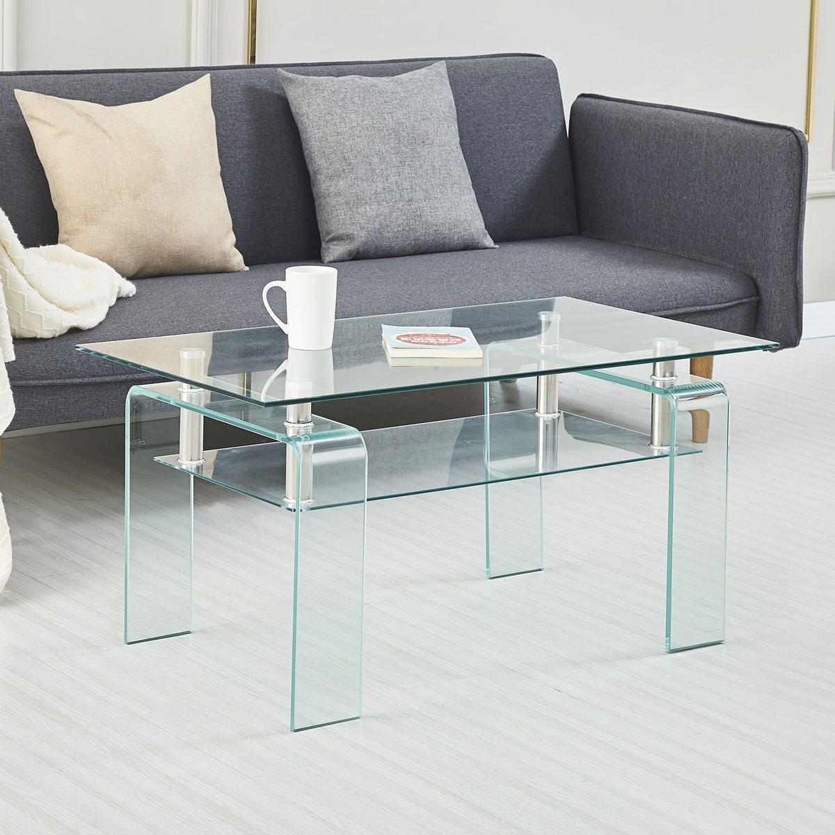 Modern Tempered Glass Coffee Table With 2 Tier Storage For Living Room, photo 4 of 13