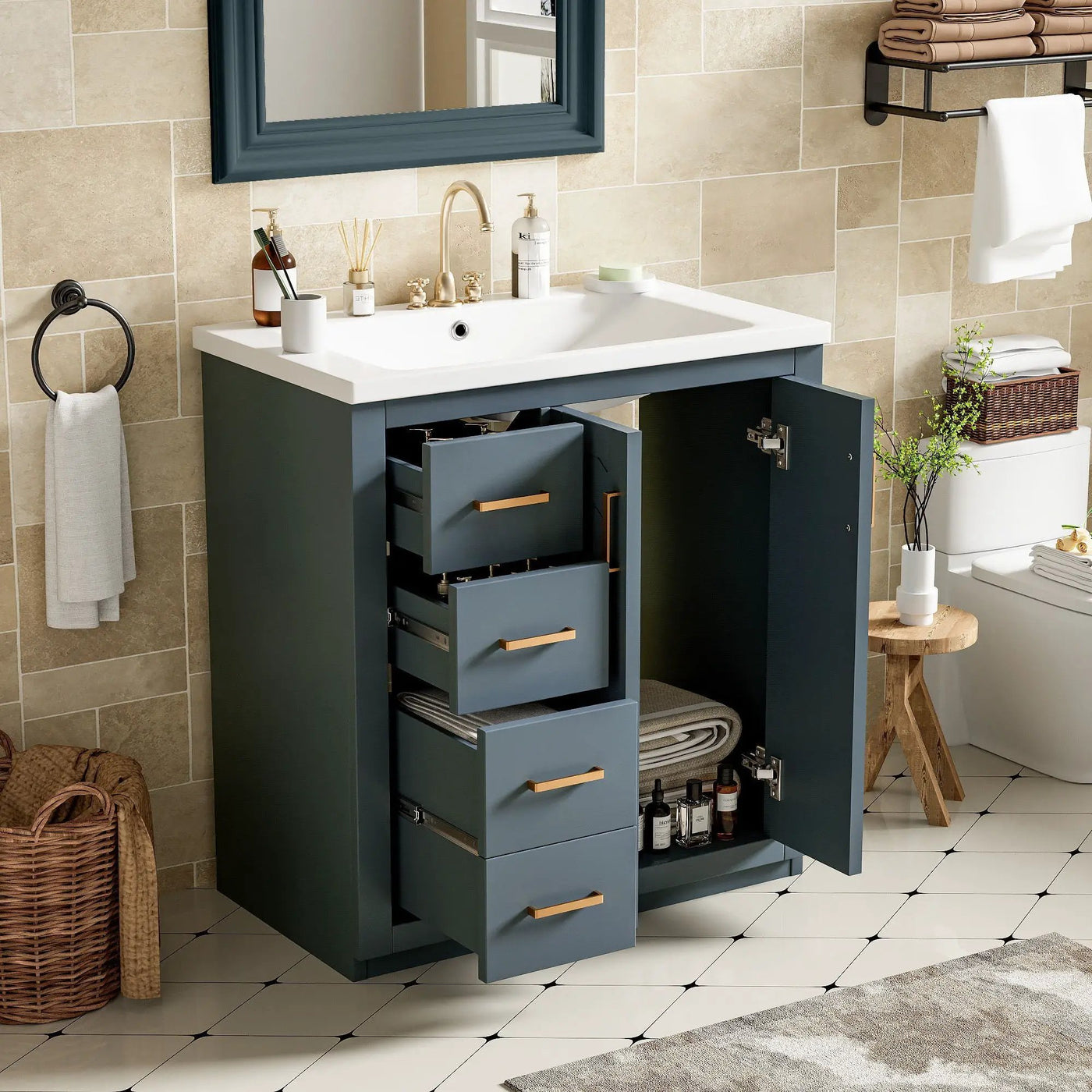 Ceramic Sink Combo, Freestanding Vanity Set With 3 Drawers & Soft Closing Doors by HouseOfZazla