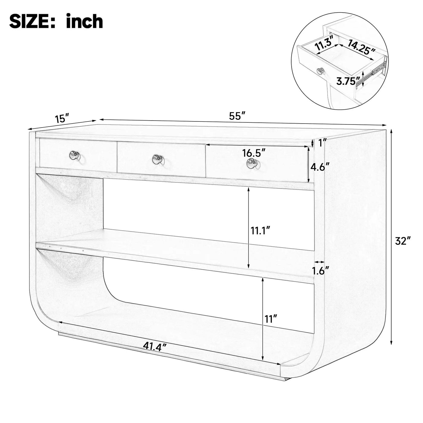 Console Table With 3 Soft Close Drawers & 2 Open Shelves by HouseOfZazla