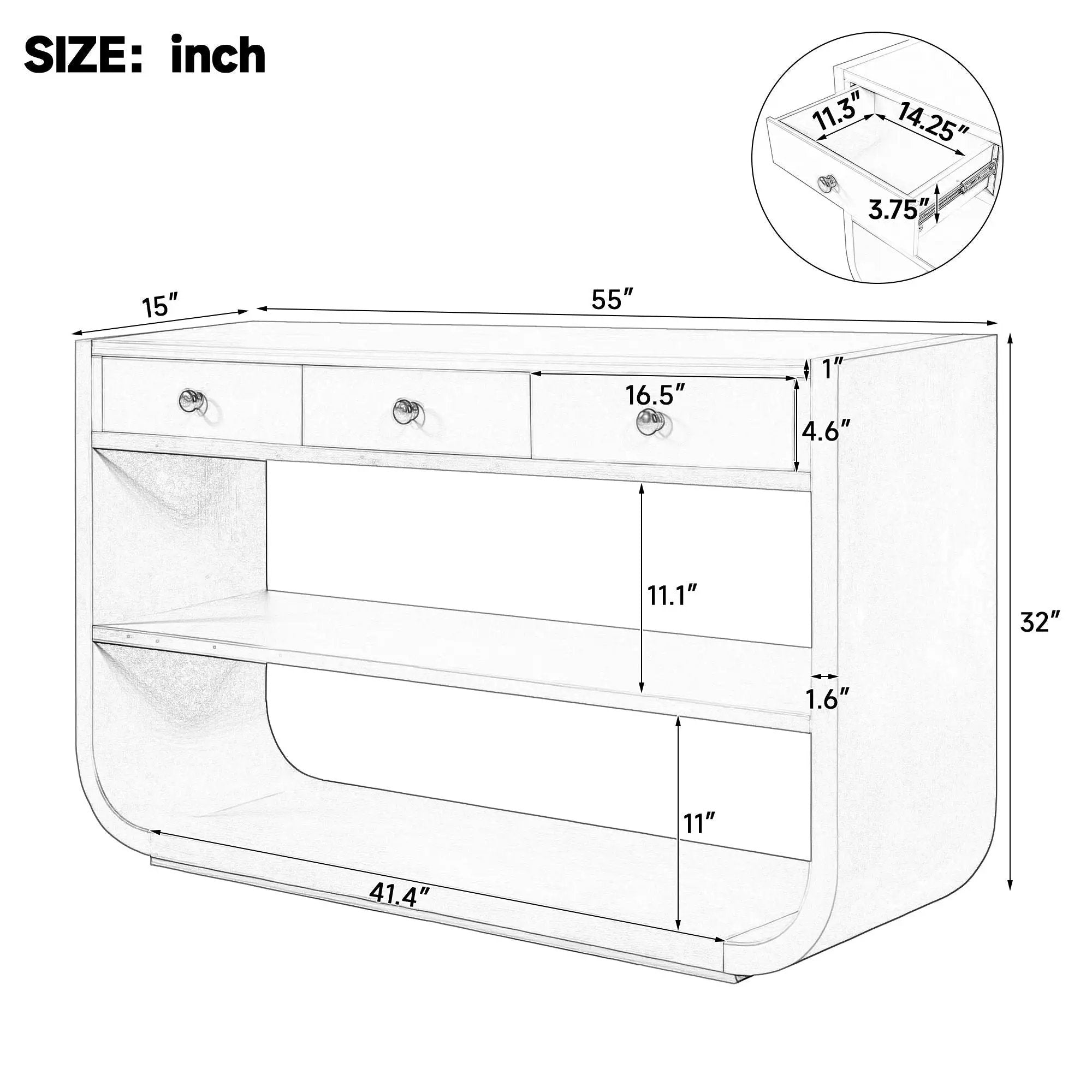 Console Table With 3 Soft Close Drawers & 2 Open Shelves by HouseOfZazla