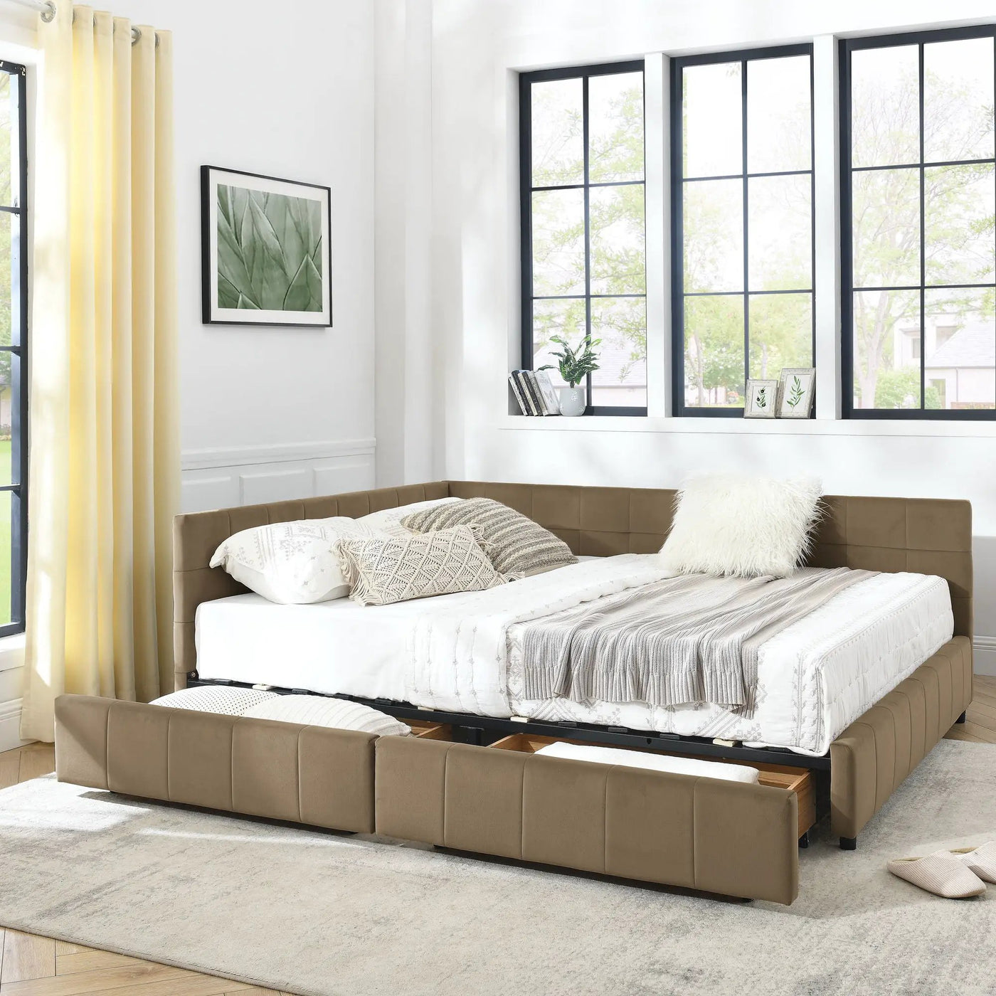 Mid-Century Storage Upholstered Tufted Bed Frame With Backrest And Armrests by HouseOfZazla