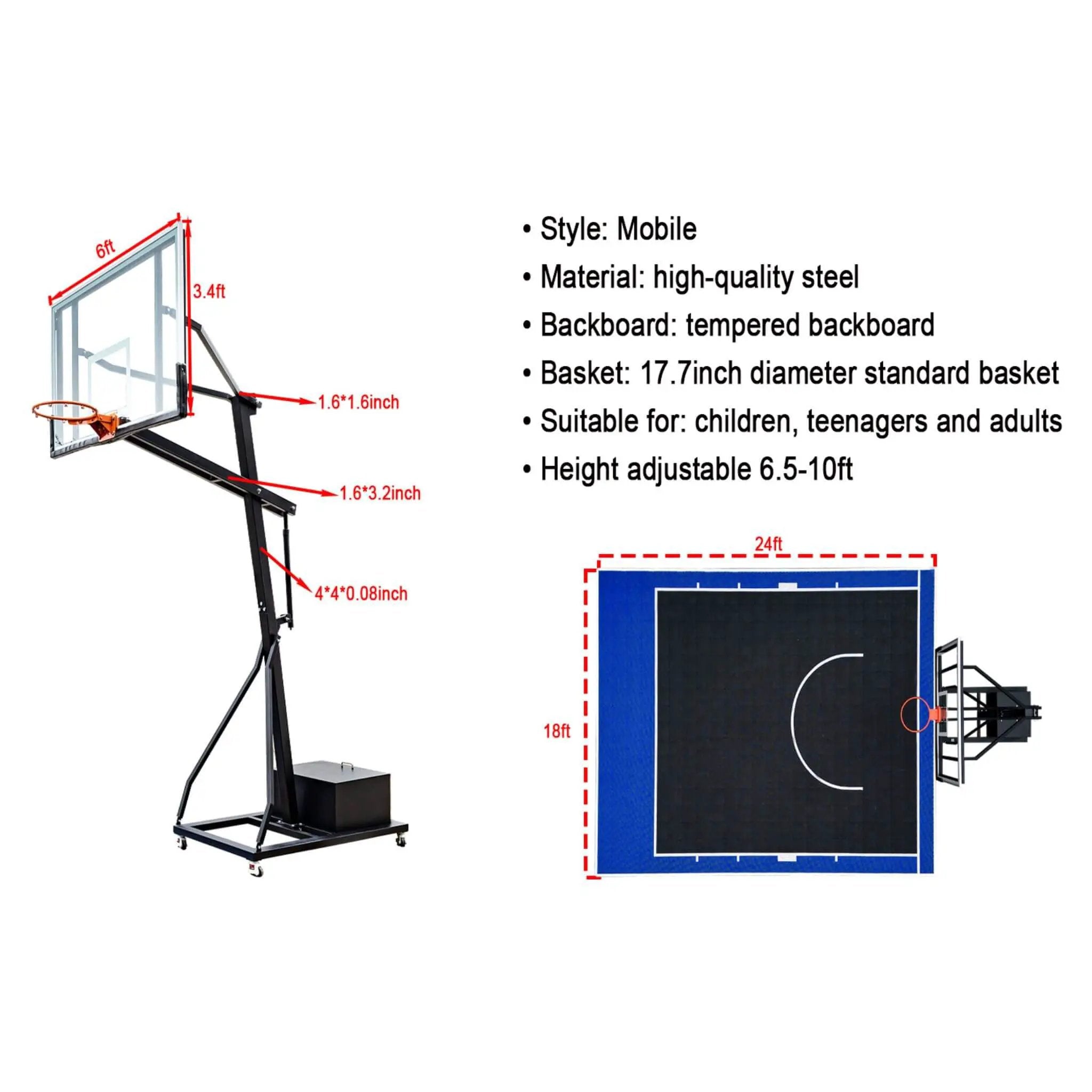 [18X24FT] Heavy-Duty Portable Adjustable Basketball Hoop With Court (SAK72980) by SAKSBY WHOLESALE