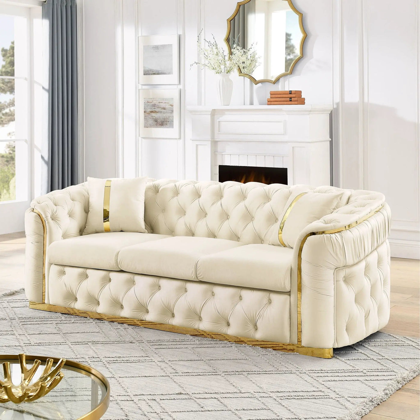 Button Tufted Couch With 2 Pillows, 3 Seater Luxury Chesterfield Sofa by Unique Piece Furniture