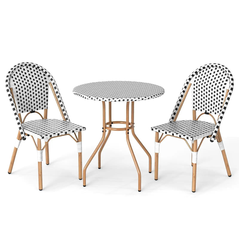 3 Piece French Bistro Table Chair Set with Outdoor Wicker Round Table and 2 Dining Chairs by DirectDeals