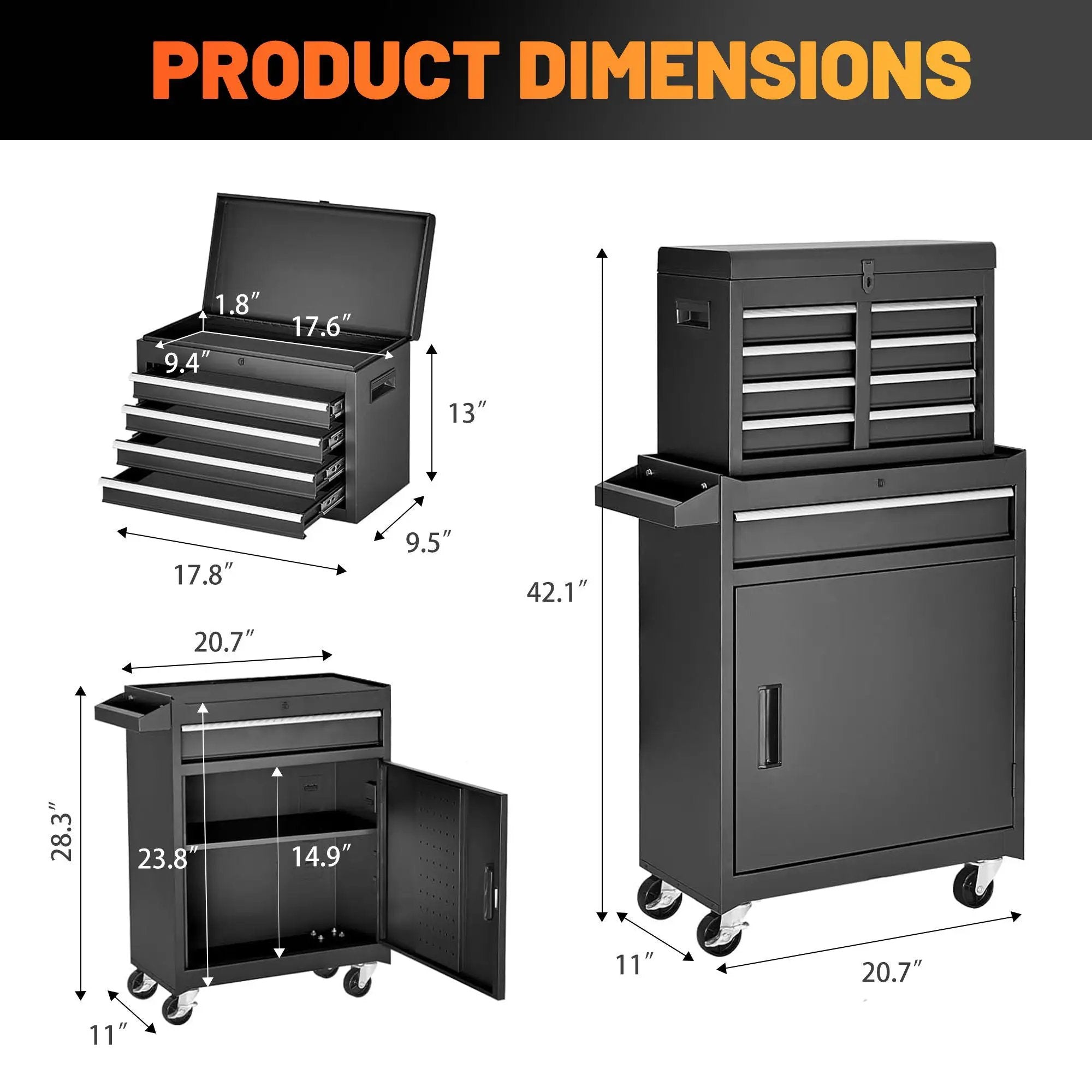 Tool Chest, 5 Drawer Rolling Tool Storage Cabinet With Detachable Top Tool Box, Liner, Universal Lockable Wheels, Adjustable Shelf, Locking Mechanism, Metal Tool Cart For Garage Workshop by HouseOfZazla