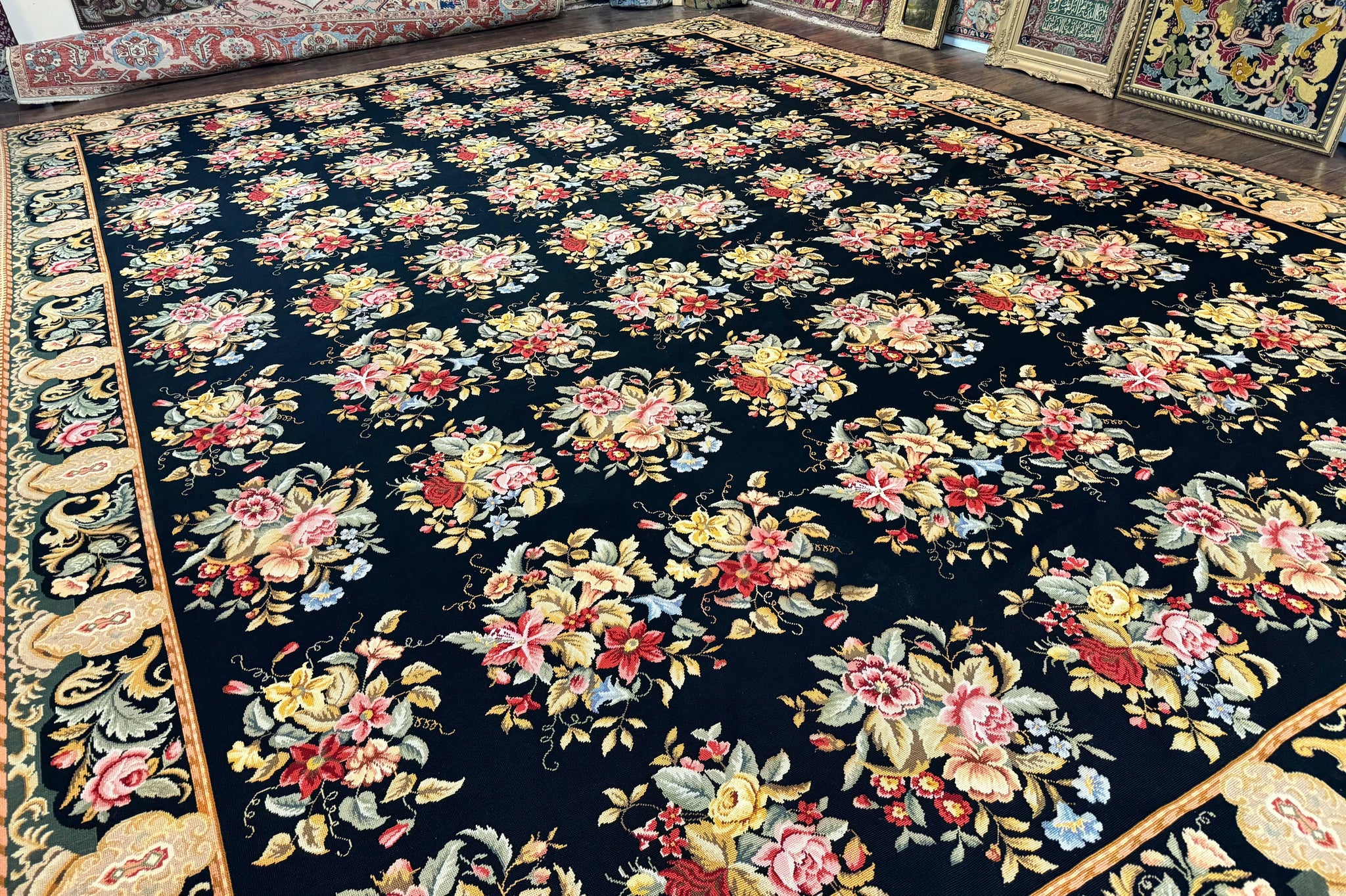 Palace Size Needlepoint Rug 12x16, Black and Colorful, Floral Panel, Handmade Oversized Wool Needlepoint Carpet, Rare by Jewel Rugs