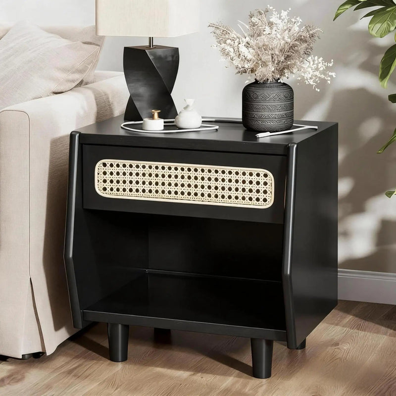 Black Nightstand with Rattan Detail by HouseOfZazla