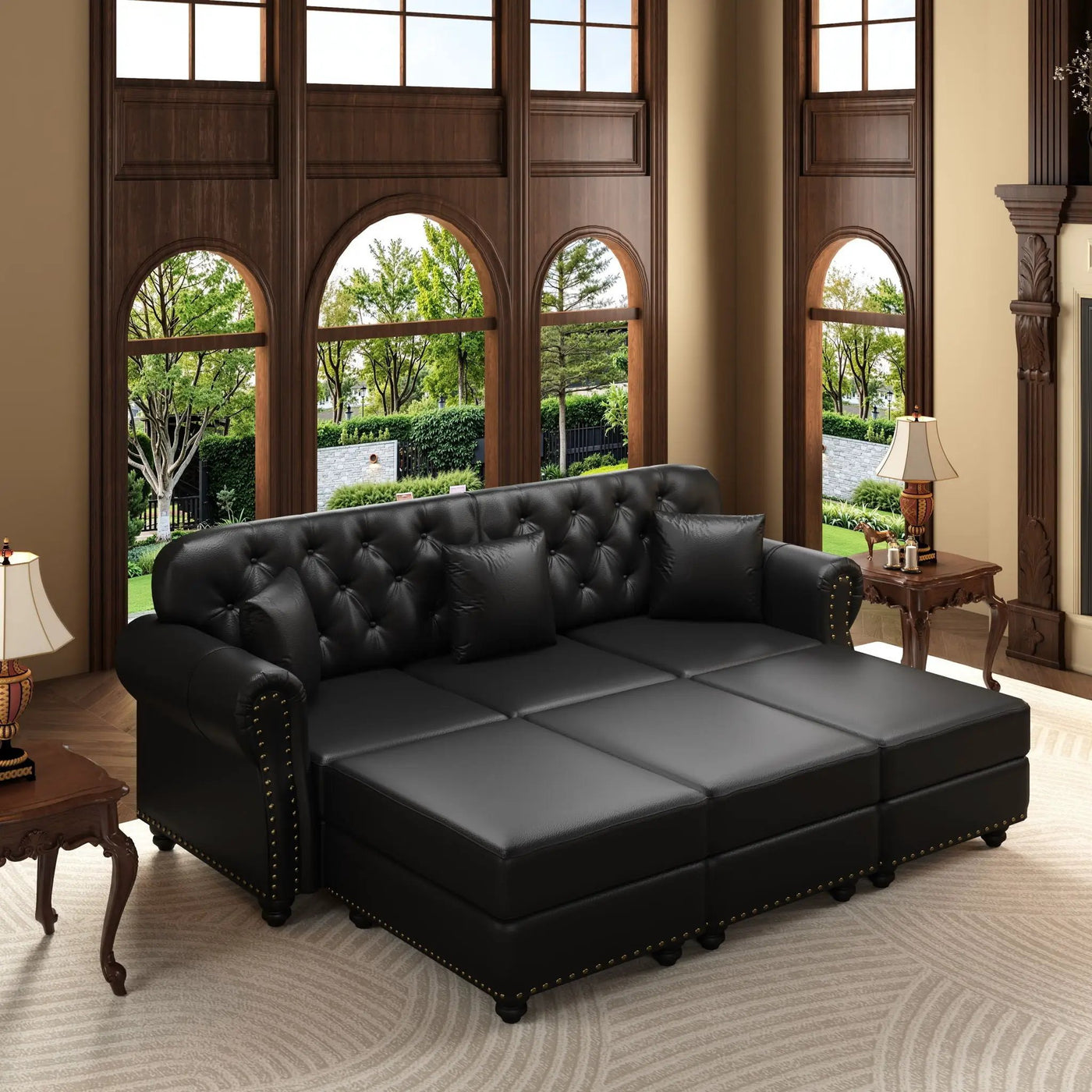 Upholstered Sofa With Nailhead Trim, Rolled Armrests With Ottoman by HouseOfZazla