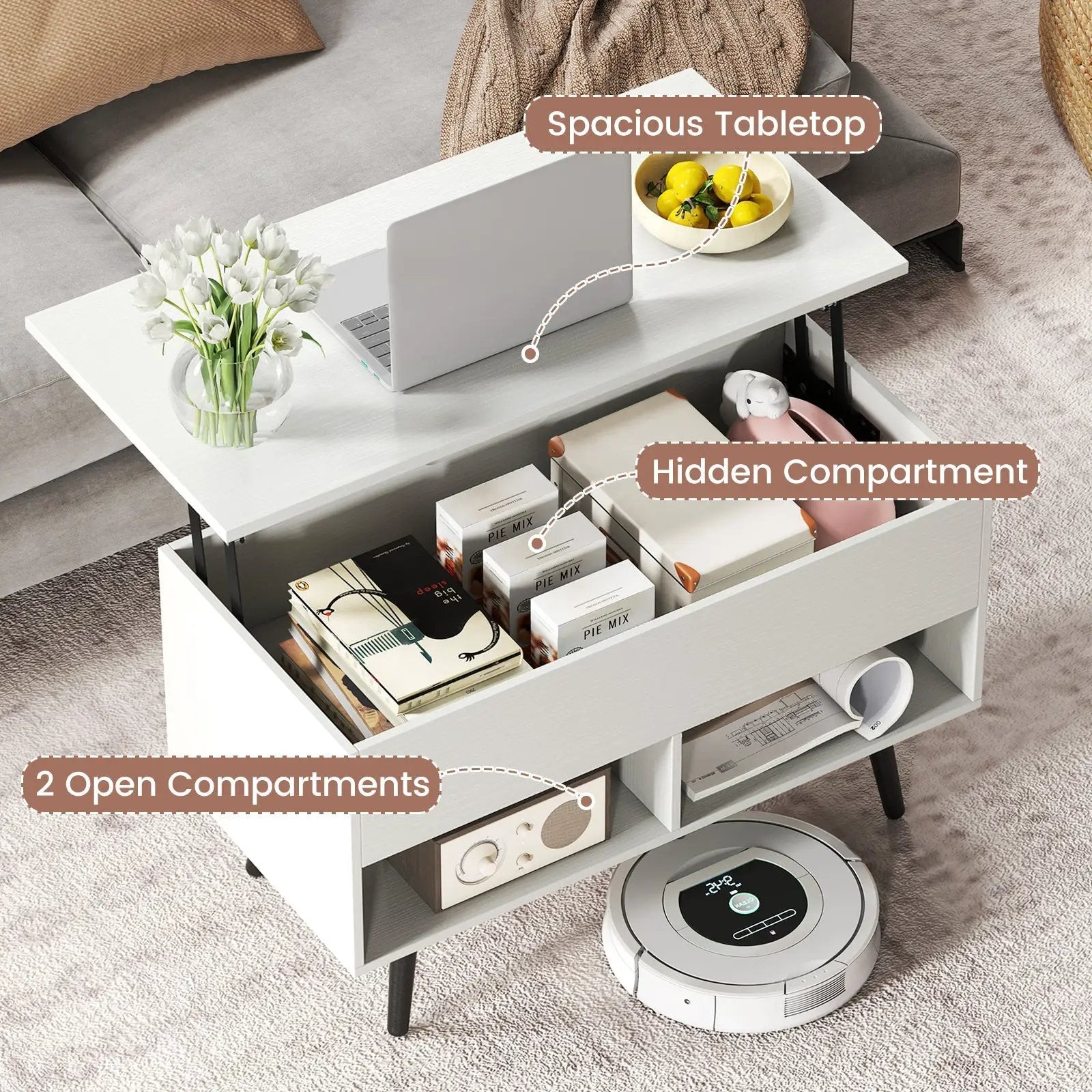 31.5 Inch Lift-Top Coffee Table with Hidden Storage and 2 Open Shelves by DirectDeals
