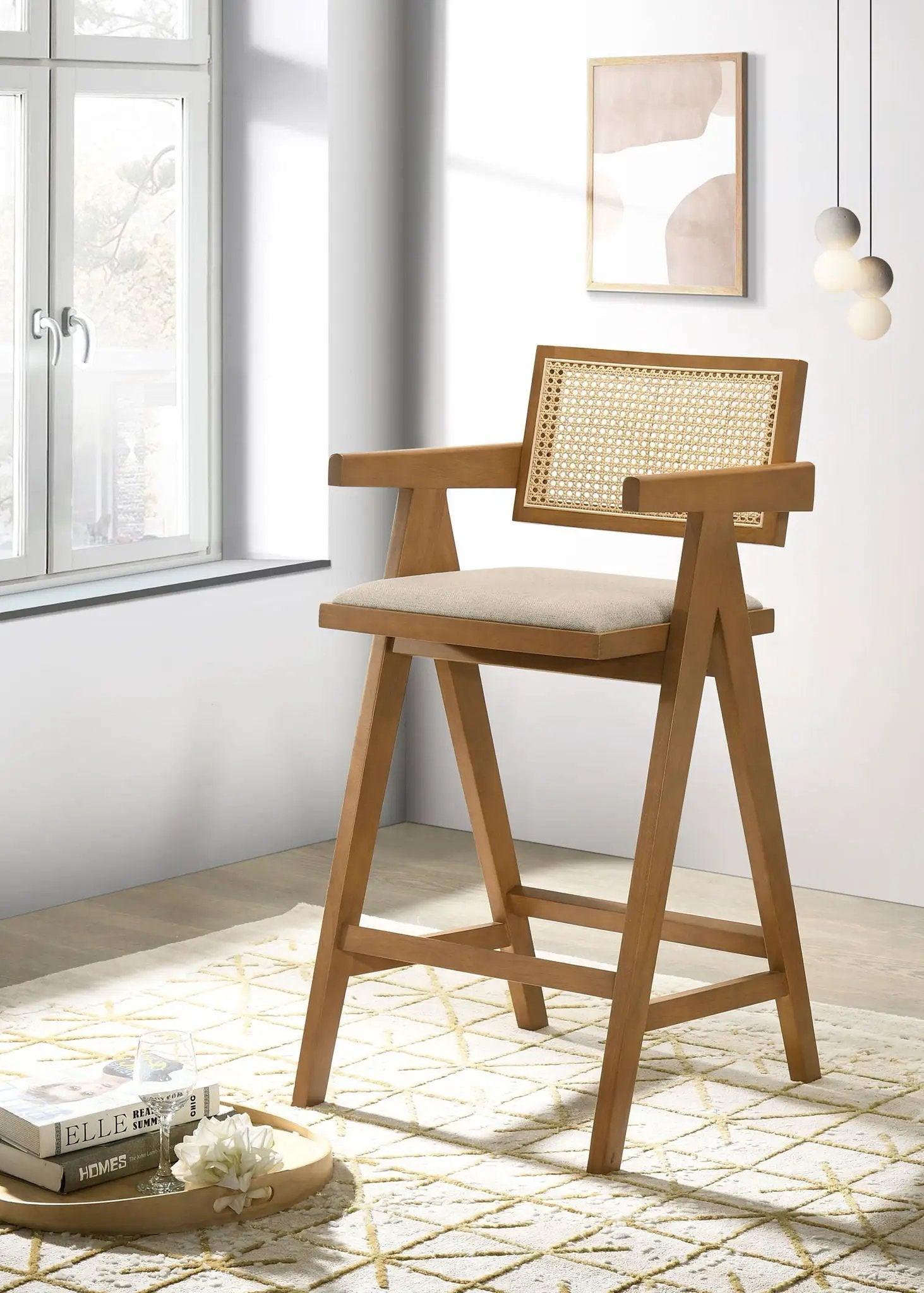 Kane Woven Rattan Wood Bar Chair Light Walnut (Set of 2) by Unique Piece Furniture