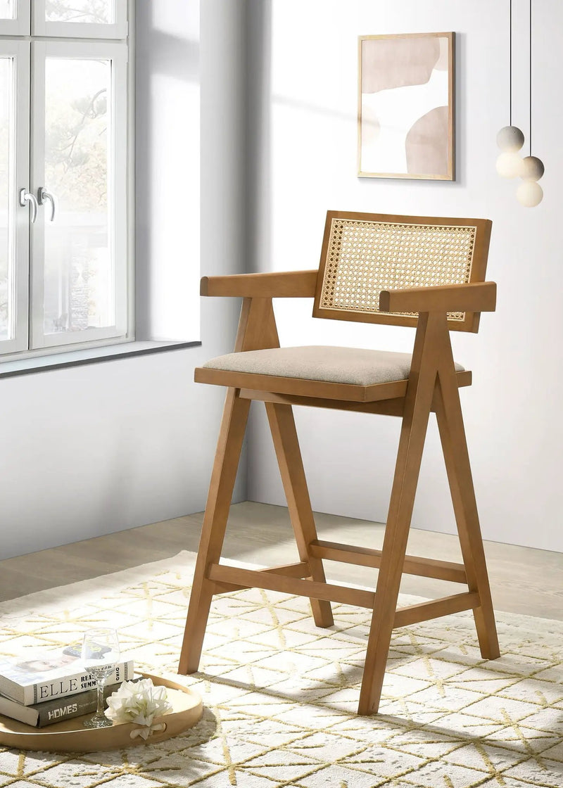 Kane Woven Rattan Wood Bar Chair Light Walnut (Set of 2) by Unique Piece Furniture