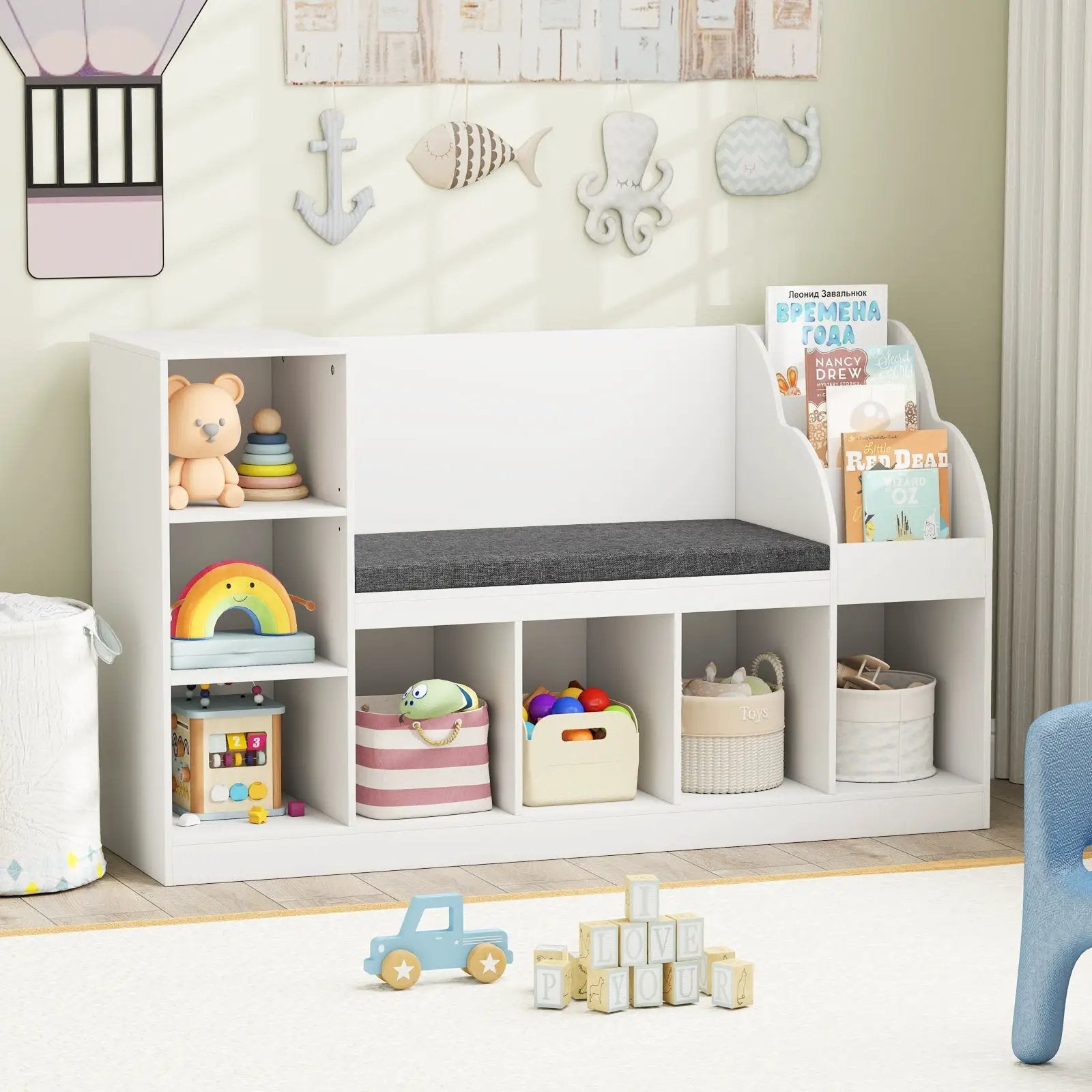 Kids Bookcase with Reading Nook 3-in-1 Standing Toy Organizer-White by DirectDeals