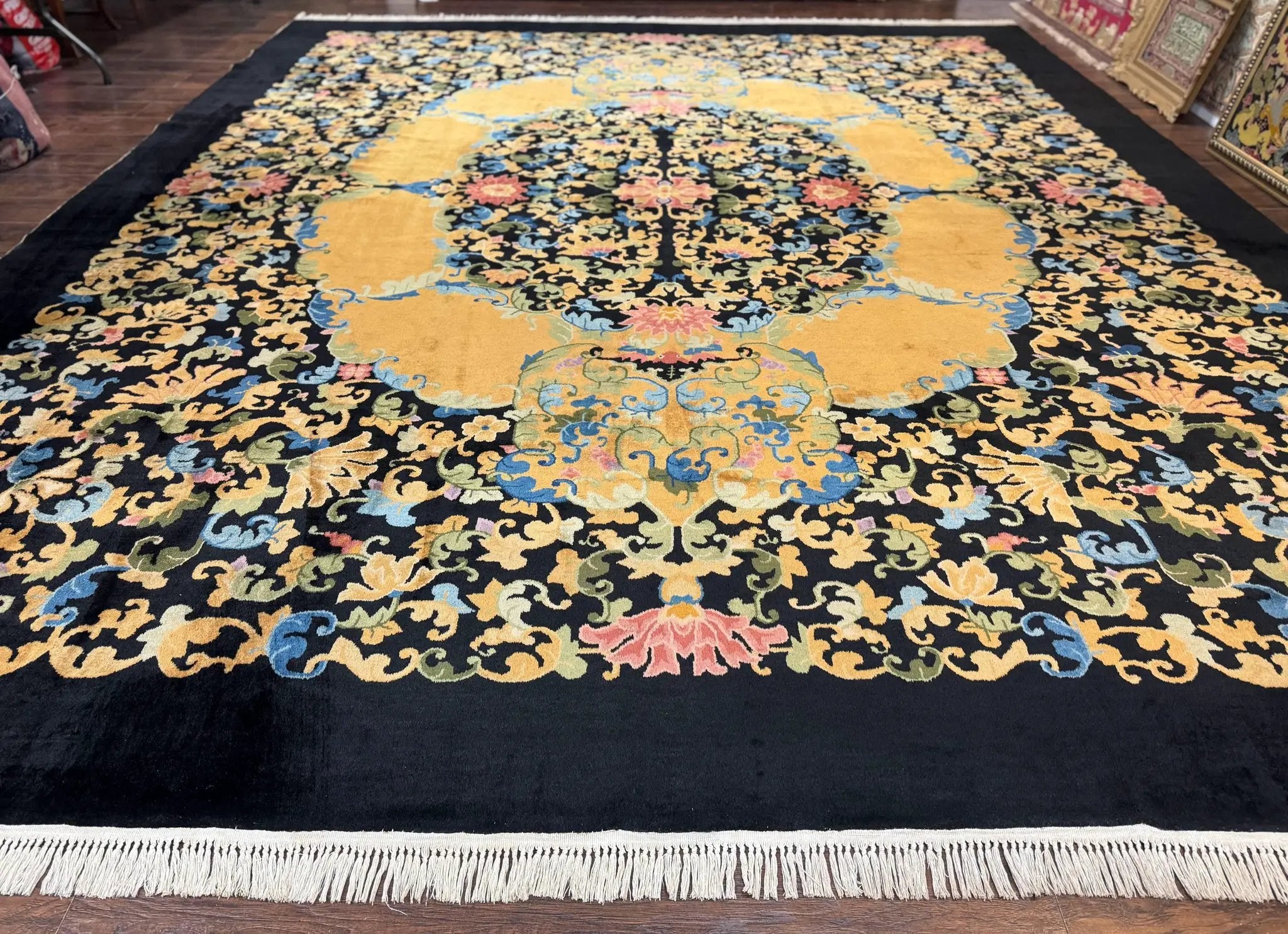 Antique Chinese Peking Rug 12.6 x 14.9, Palace Size Asian Oriental Carpet, Art Deco Rug, Rare by Jewel Rugs