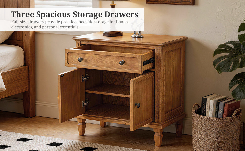 Farmhouse Nightstand with Charging Station, Drawer & Double-Door Cabinet - Natural or Walnut, photo 6 of 10