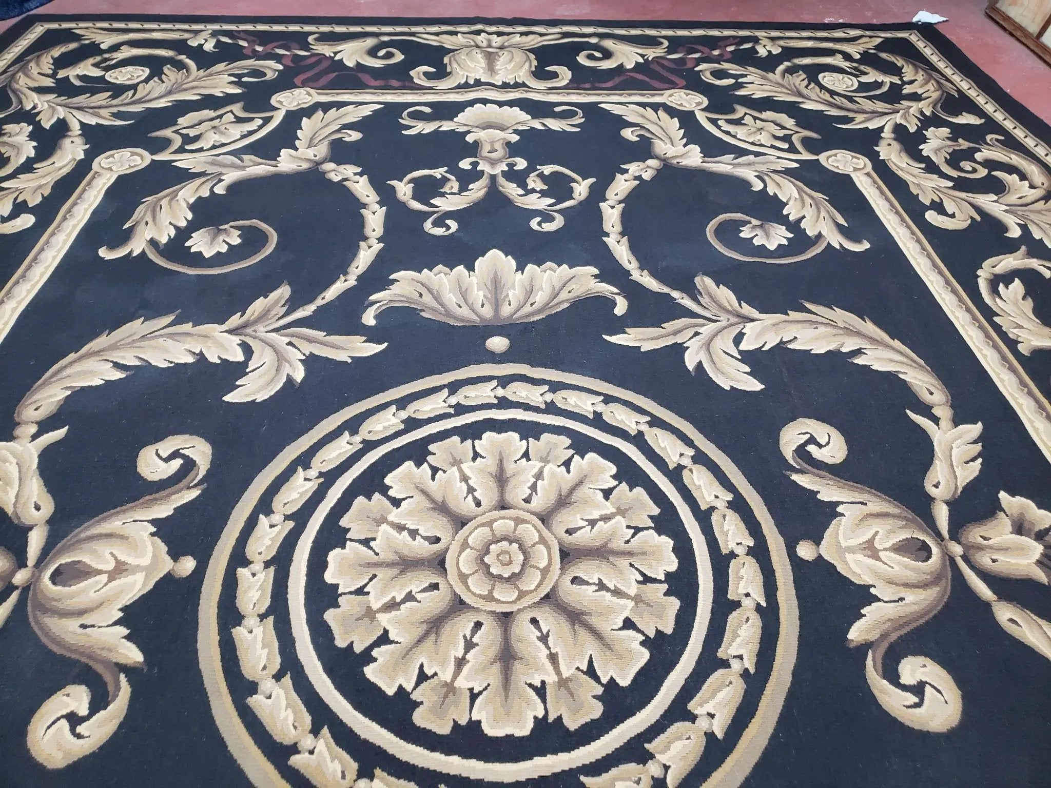 Black and Tan Aubusson Rug, 10 x 14 Aubusson Carpet, New Aubusson Rug, Elegant, Wool, Handmade Area Rug, Flatweave Rug, Large Aubusson Rug by Jewel Rugs
